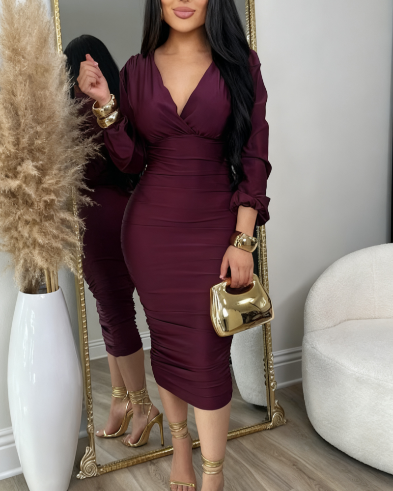 Deep V Neck Long Sleeves Ruched Bodycon Midi Dress - By Qivii