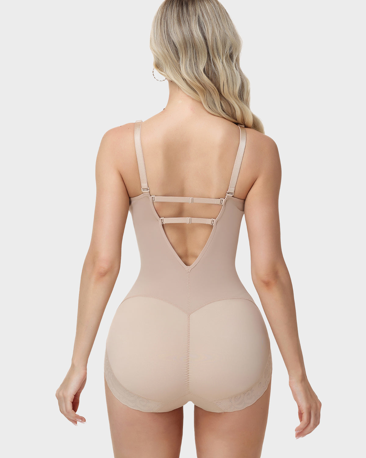 Seamless V Neck Adjustable Crisscross Back Lace Trim Hourglass Butt Lifting Bodysuit