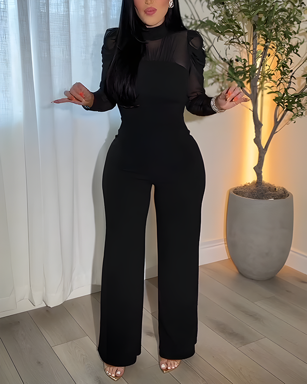 Women's Sheer Mesh Stand Collar Slimming Wide Leg Jumpsuit - By Qivii