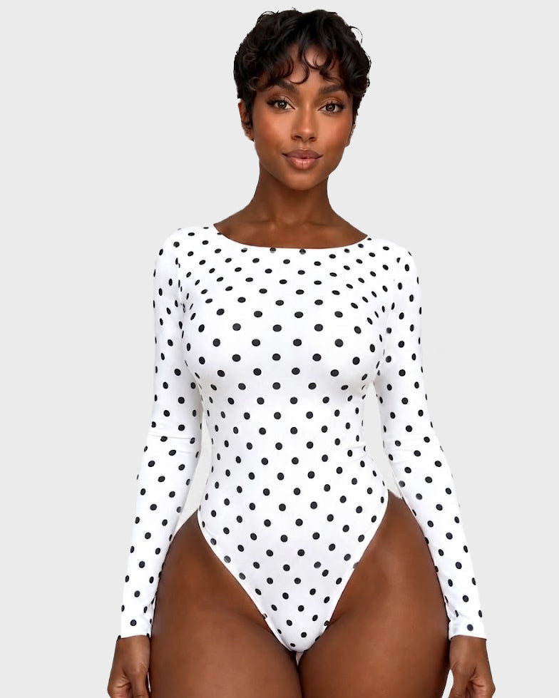 Long Sleeve Polka Dot Large U Open Back Tummy Control Thong Bodysuit