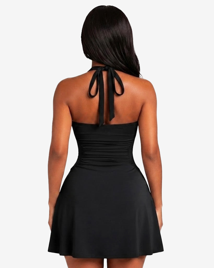 Halter Side Ruched Waist-cinching A Line Mini Dress - By Qivii