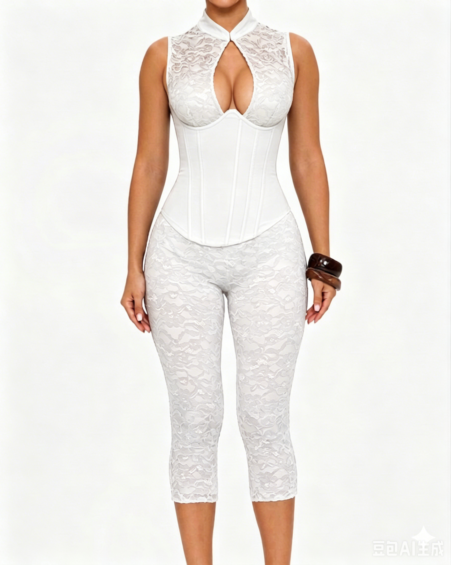 Sleeveless Lace Corset Capri Jumpsuit Two-piece Set - By Qivii
