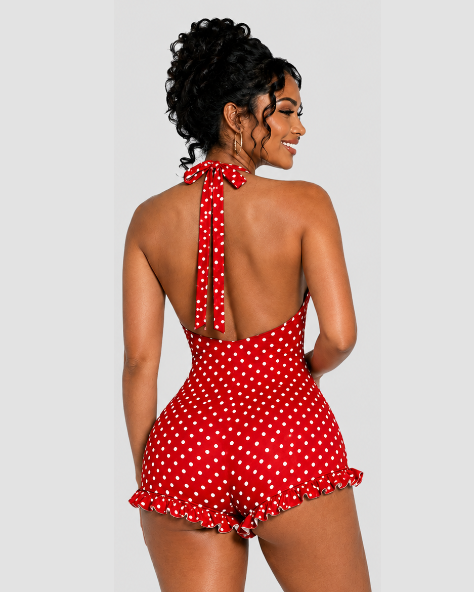 Polka Dot Halter Neck Ruffle Hem Romper - By Qivii