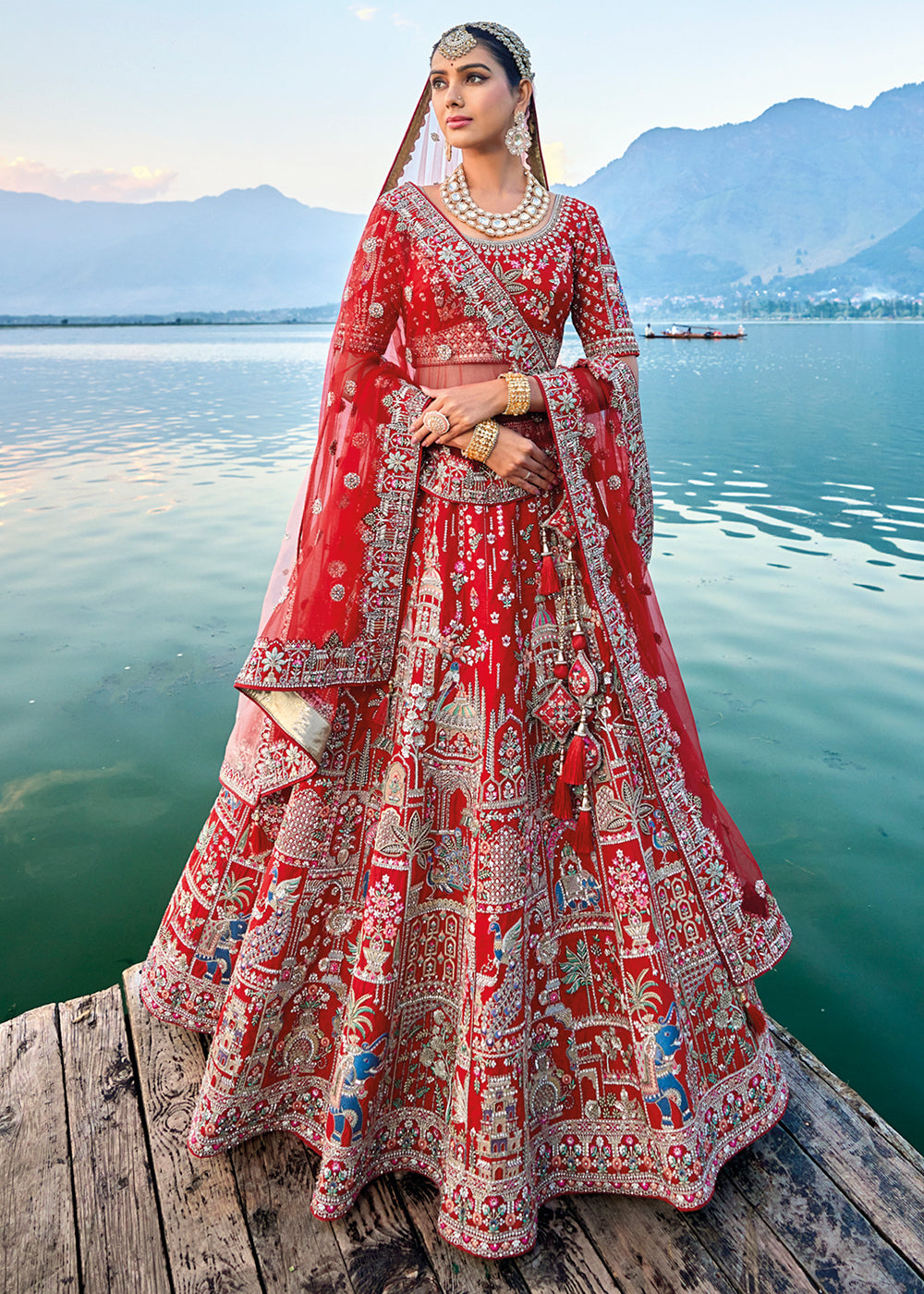 Carmine Red Banarasi Silk Bridal Lehenga Choli with Heavy Embroidery Work : Top Pick | Ready To Wear - qivii
