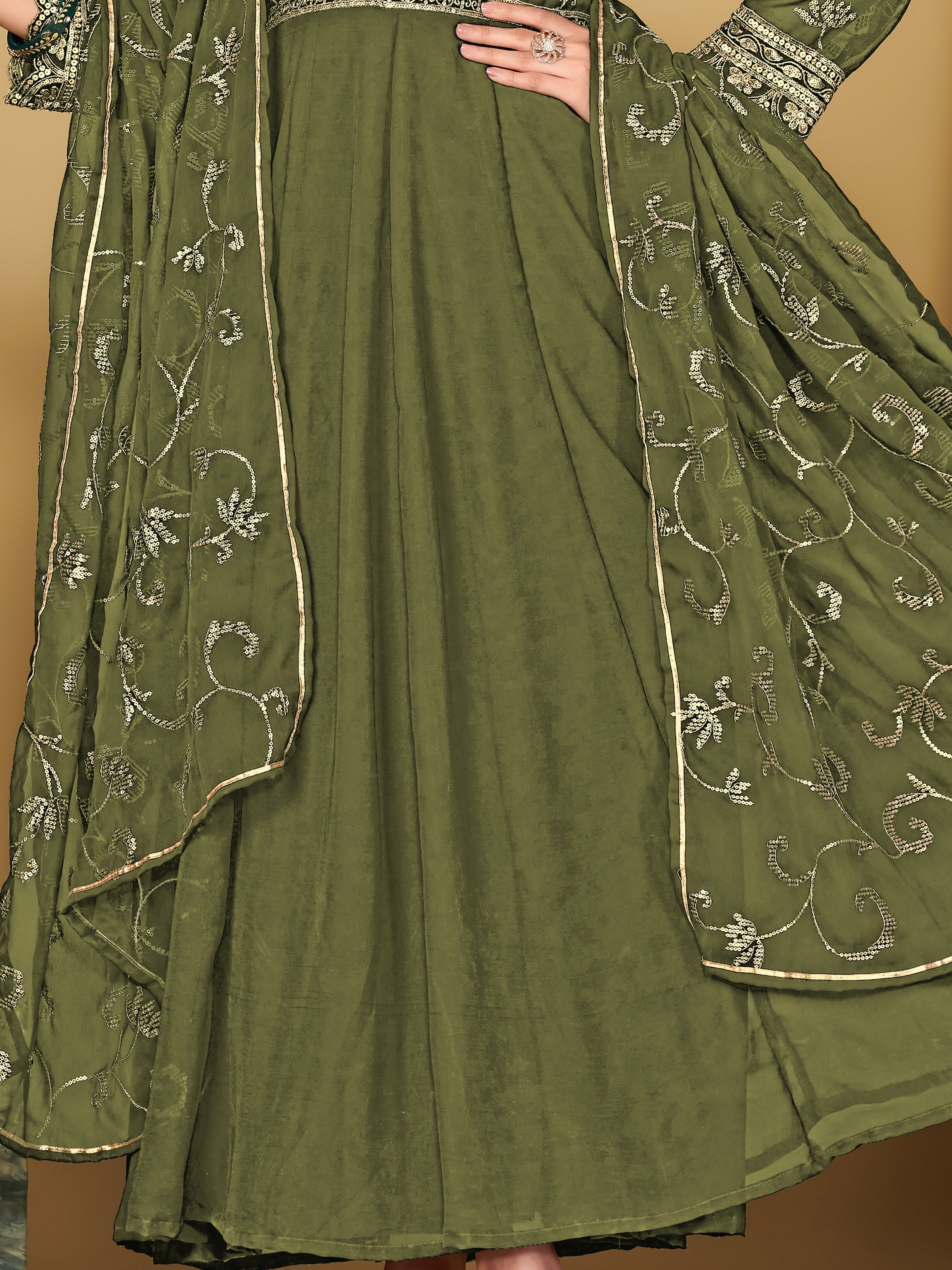 Virtuous Olive Green Sequins Georgette Festive Wear Anarkali Suit - qivii