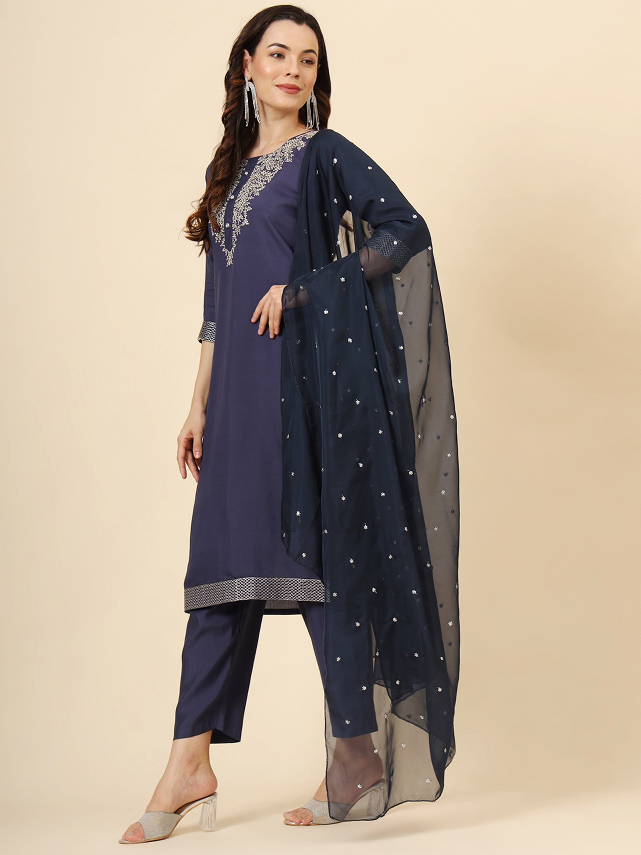 Marvelous Navy Blue Embroidered Silk Festival Wear Pant Suit with intricate floral detailing