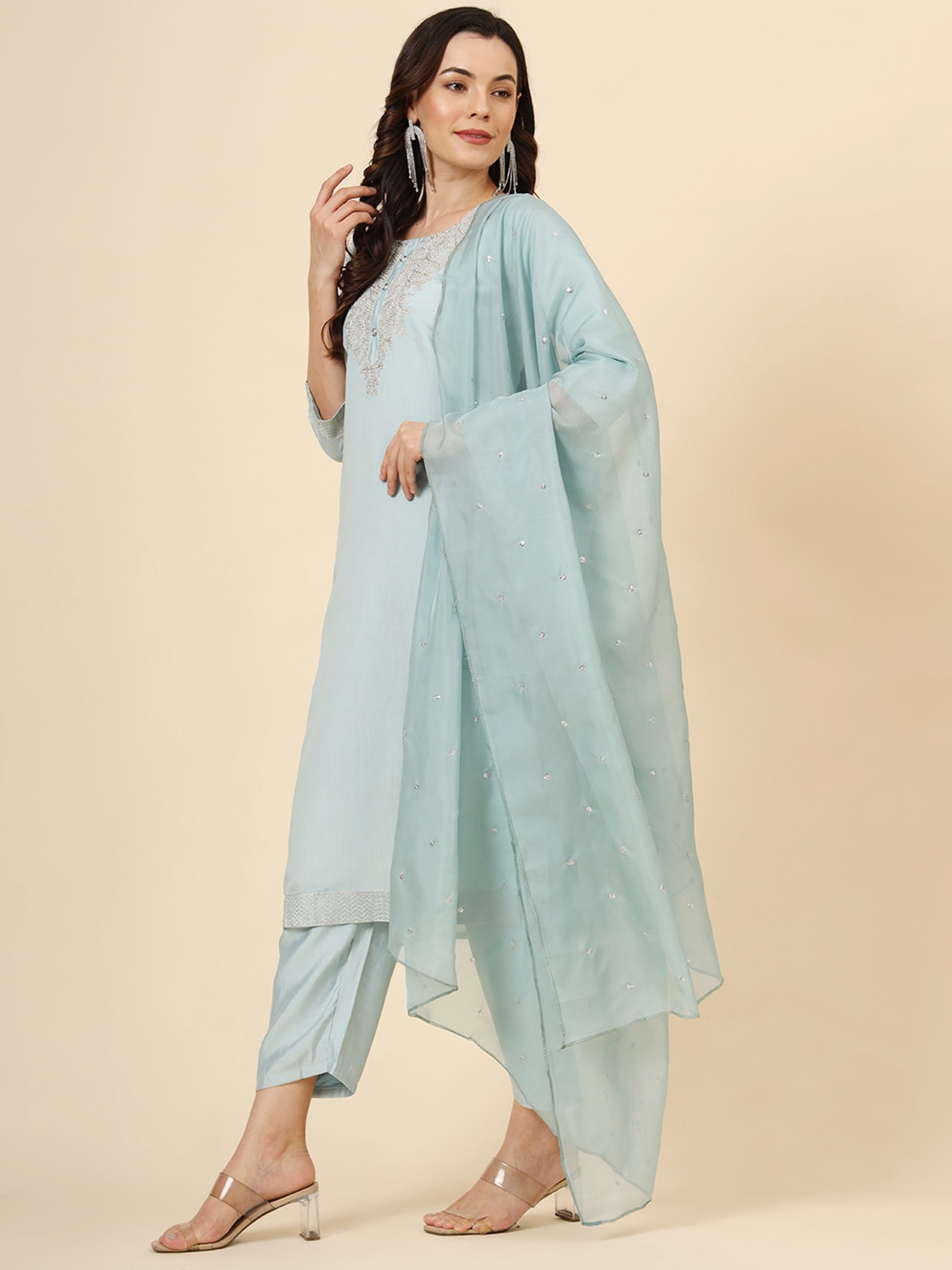 Luxurious muslin silk fabric adds elegance to the ensemble