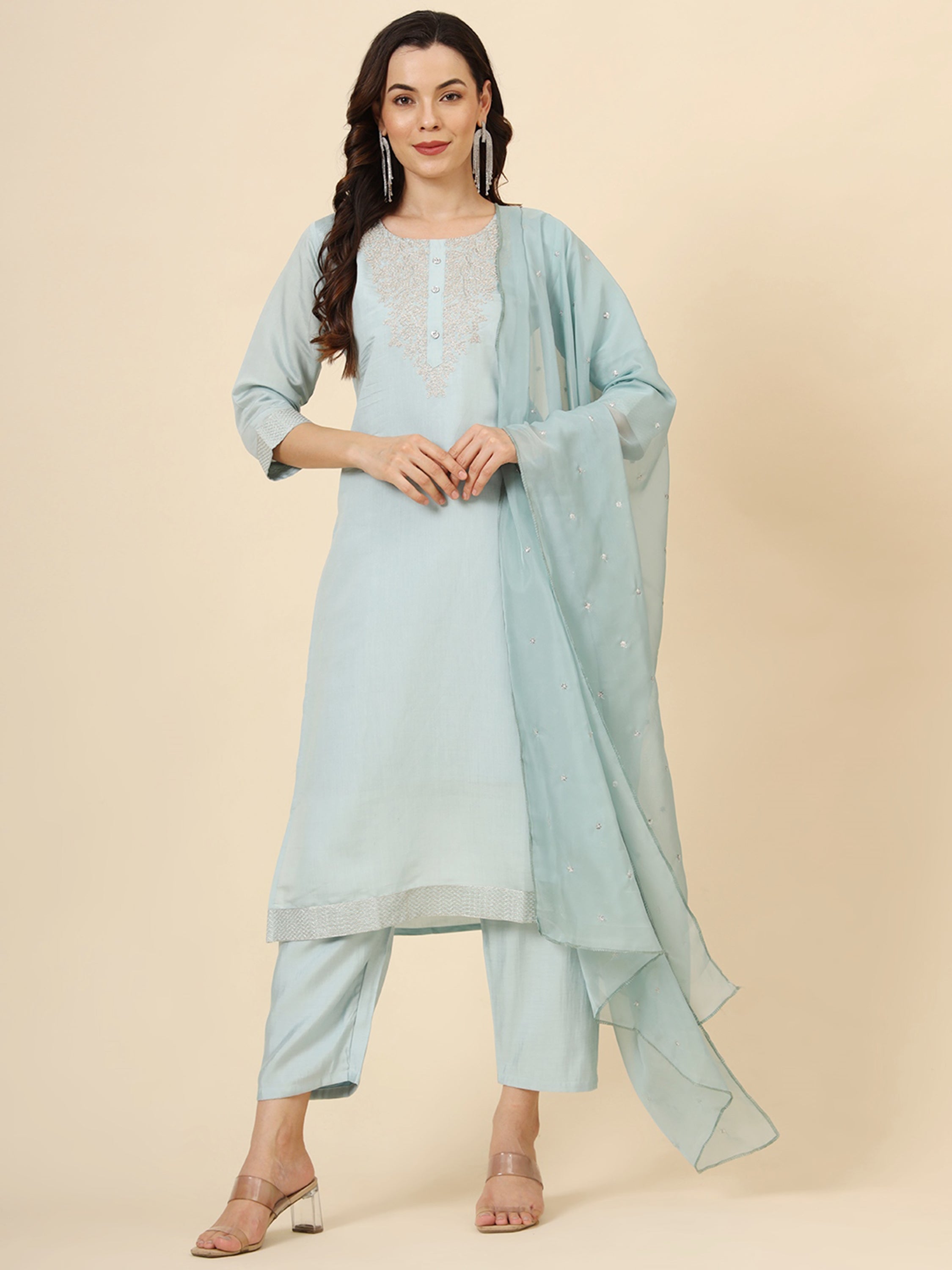 Sky-blue muslin silk pant suit with intricate thread embroidery