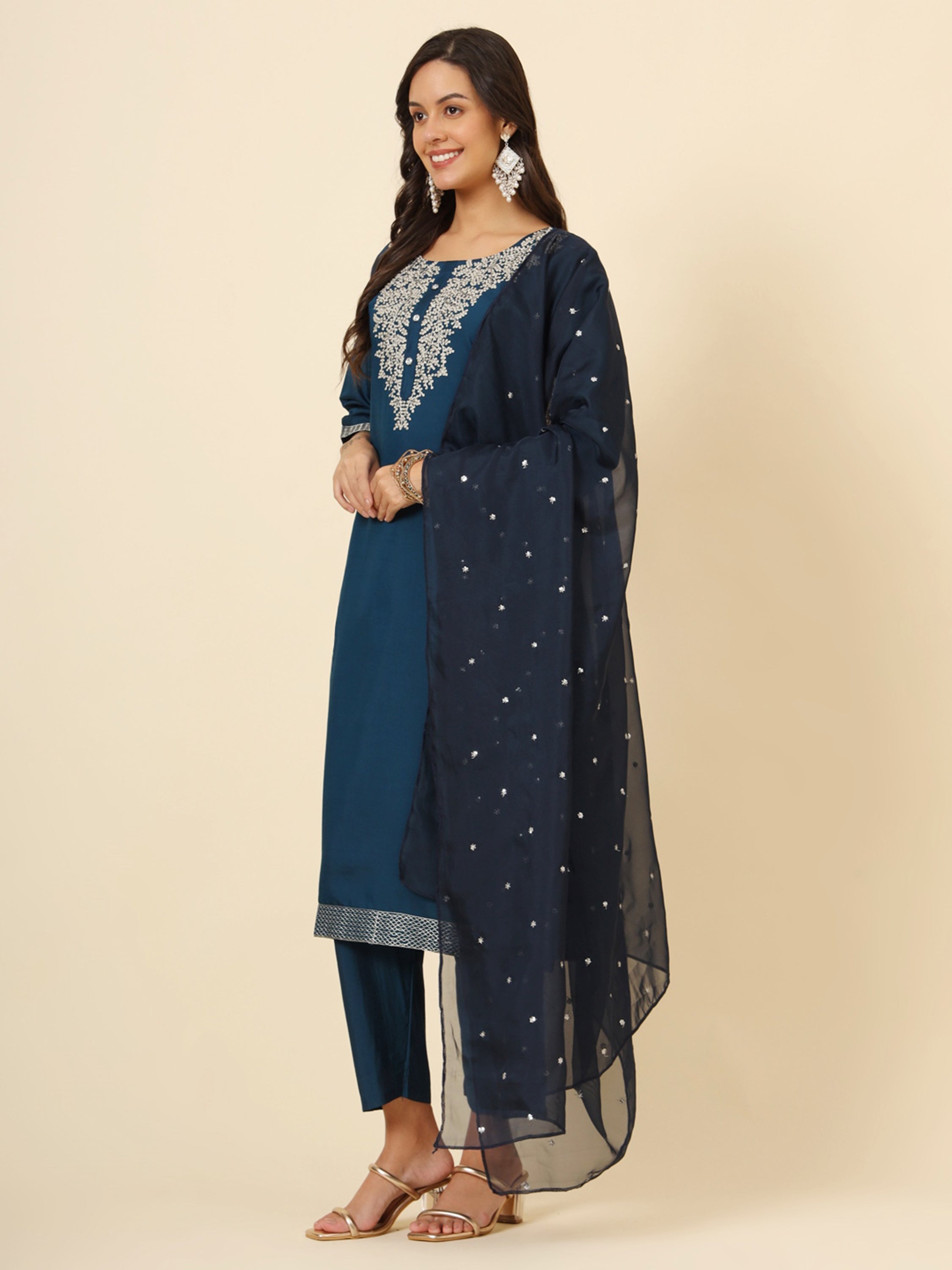 Blue silk pant suit with intricate embroidery and matching dupatta