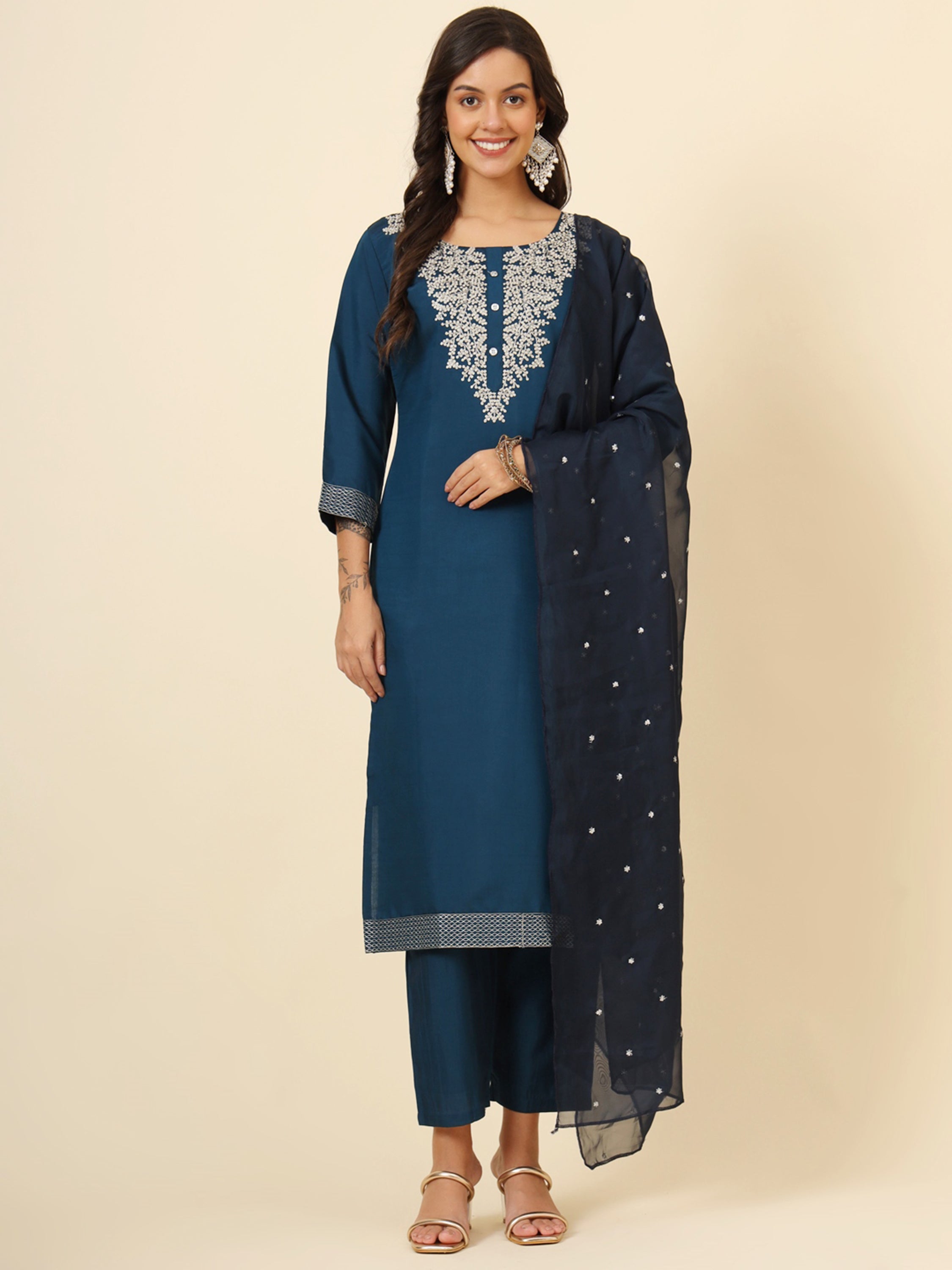 Beautiful blue silk pant suit with intricate embroidery and matching dupatta
