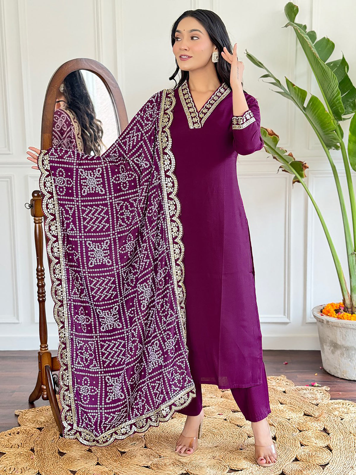Beautiful Wine Viscose Pant Suit with Bandhani Dupatta for Special Events