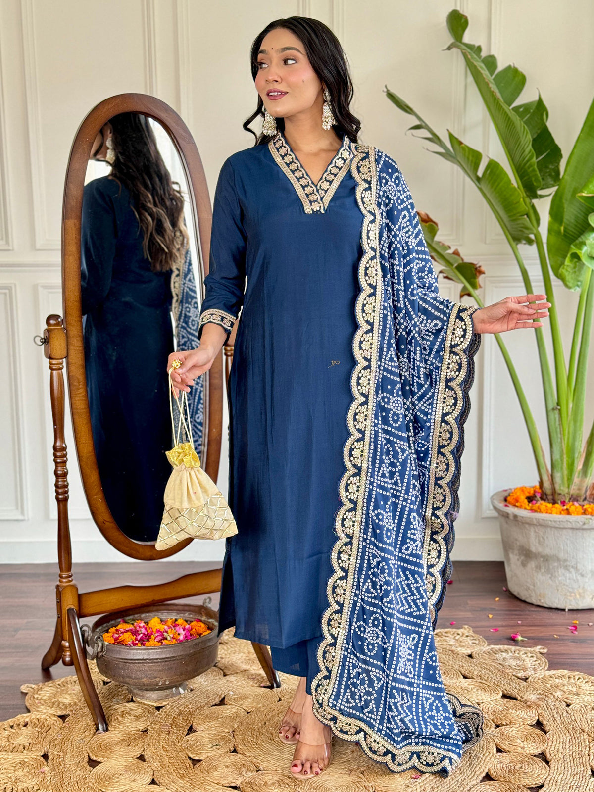 Exquisite blue viscose straight suit with thread embroidery and sequin work