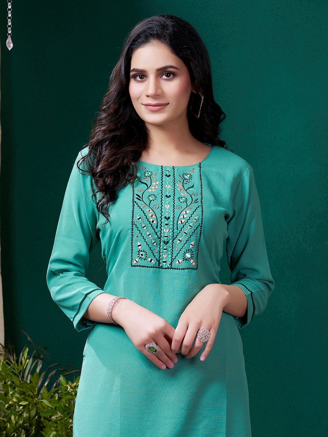 Gorgeous sea green embroidered cotton festival wear kurti with pant