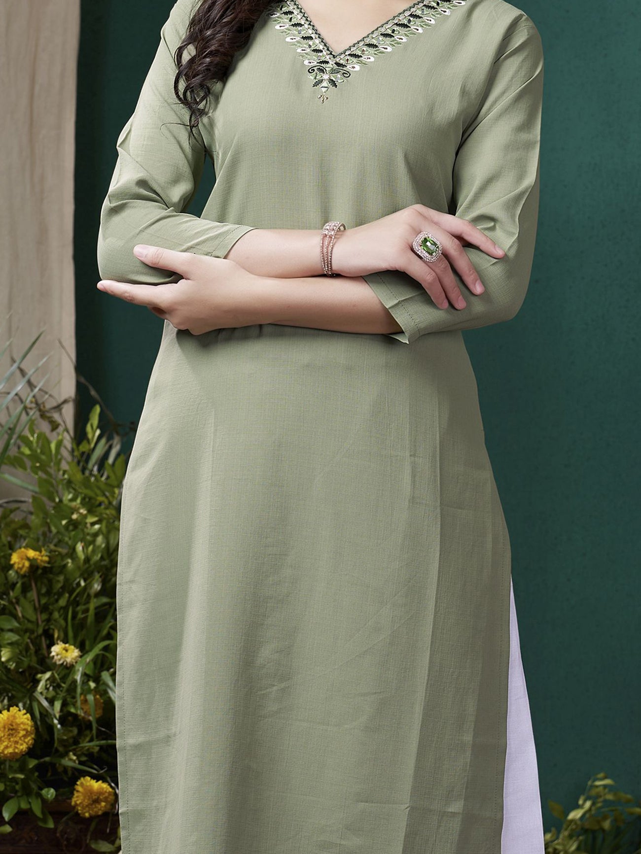 Stunning olive green embroidered cotton kurti with pant for casual wear