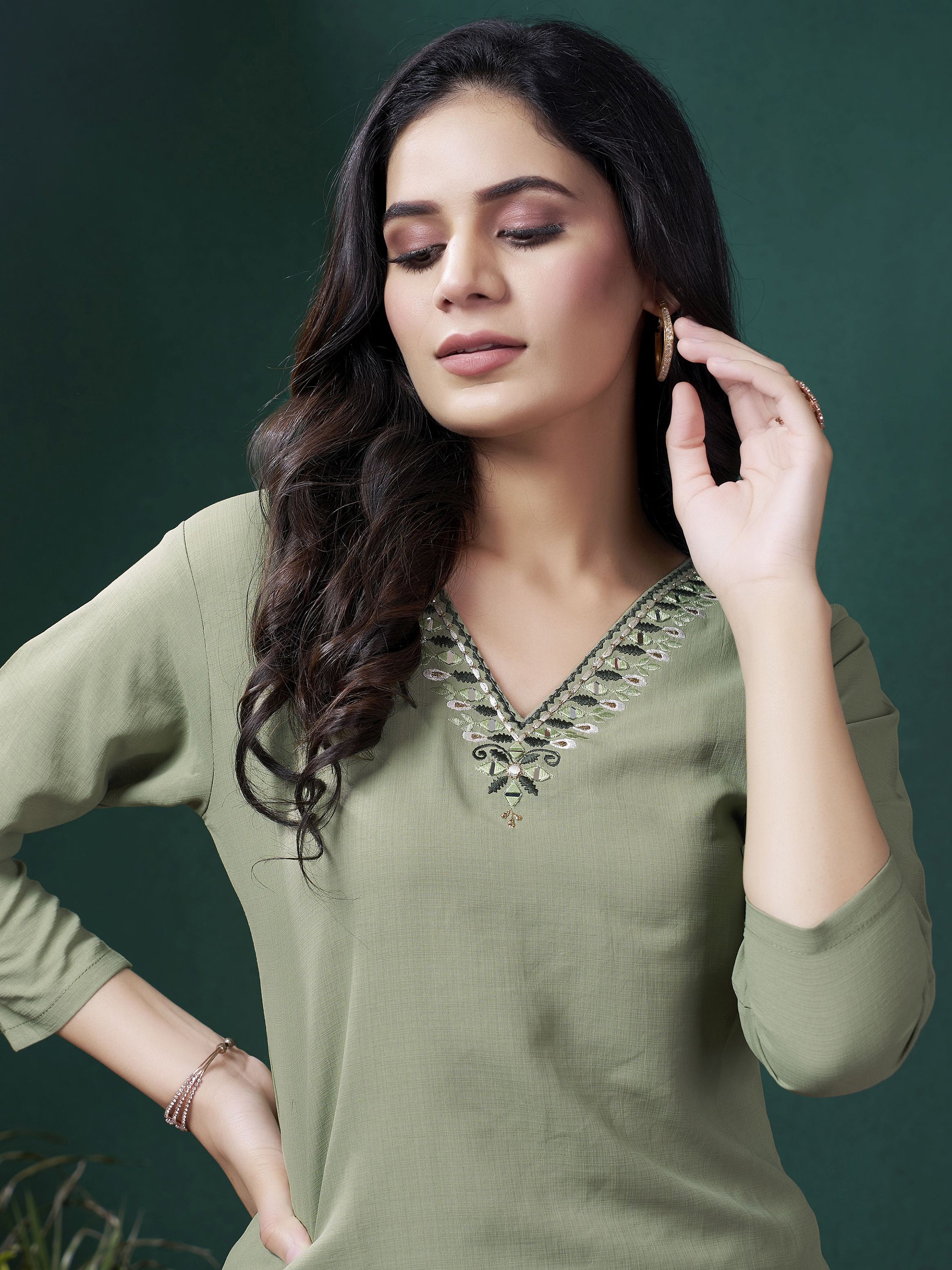 Stunning olive green embroidered cotton casual wear kurti with pant for stylish everyday comfort