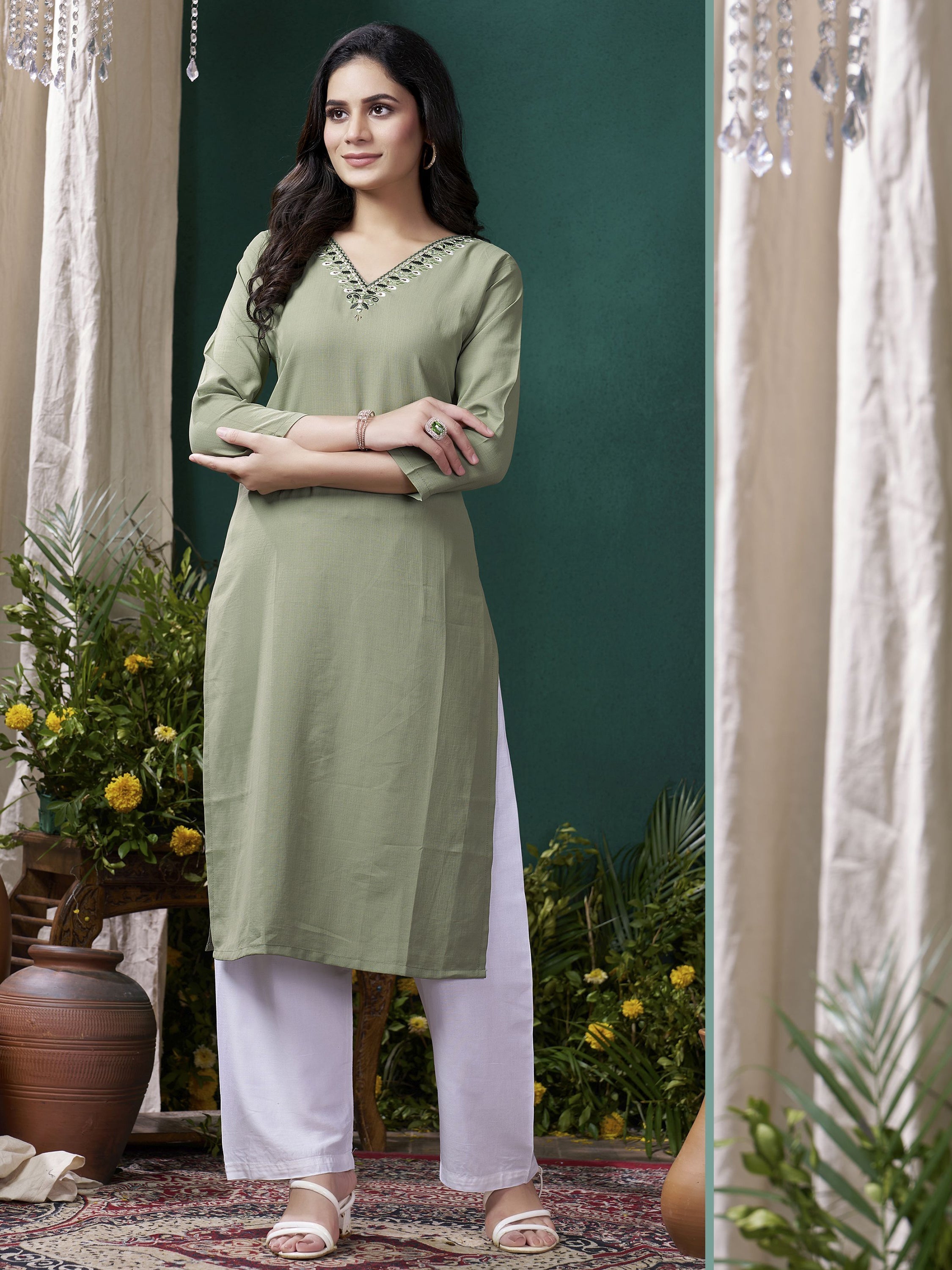 Olive green embroidered cotton kurti with matching pant for casual wear