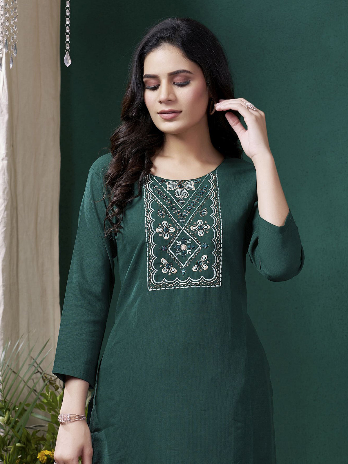 Exquisite embroidered teal green cotton suit for various occasions