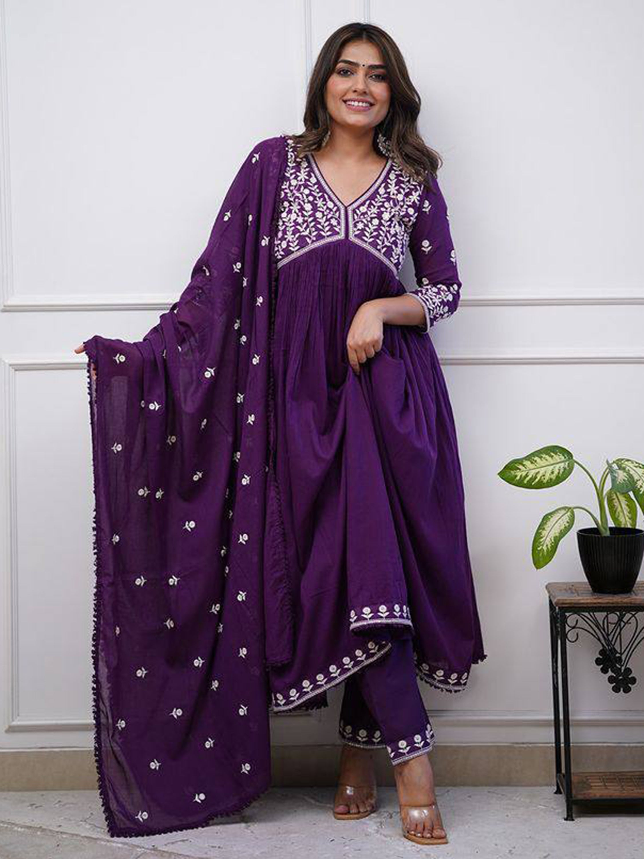 Fabulous Purple Embroidered Silk Festival Wear Pant Suit With Dupatta, elegant ethnic outfit