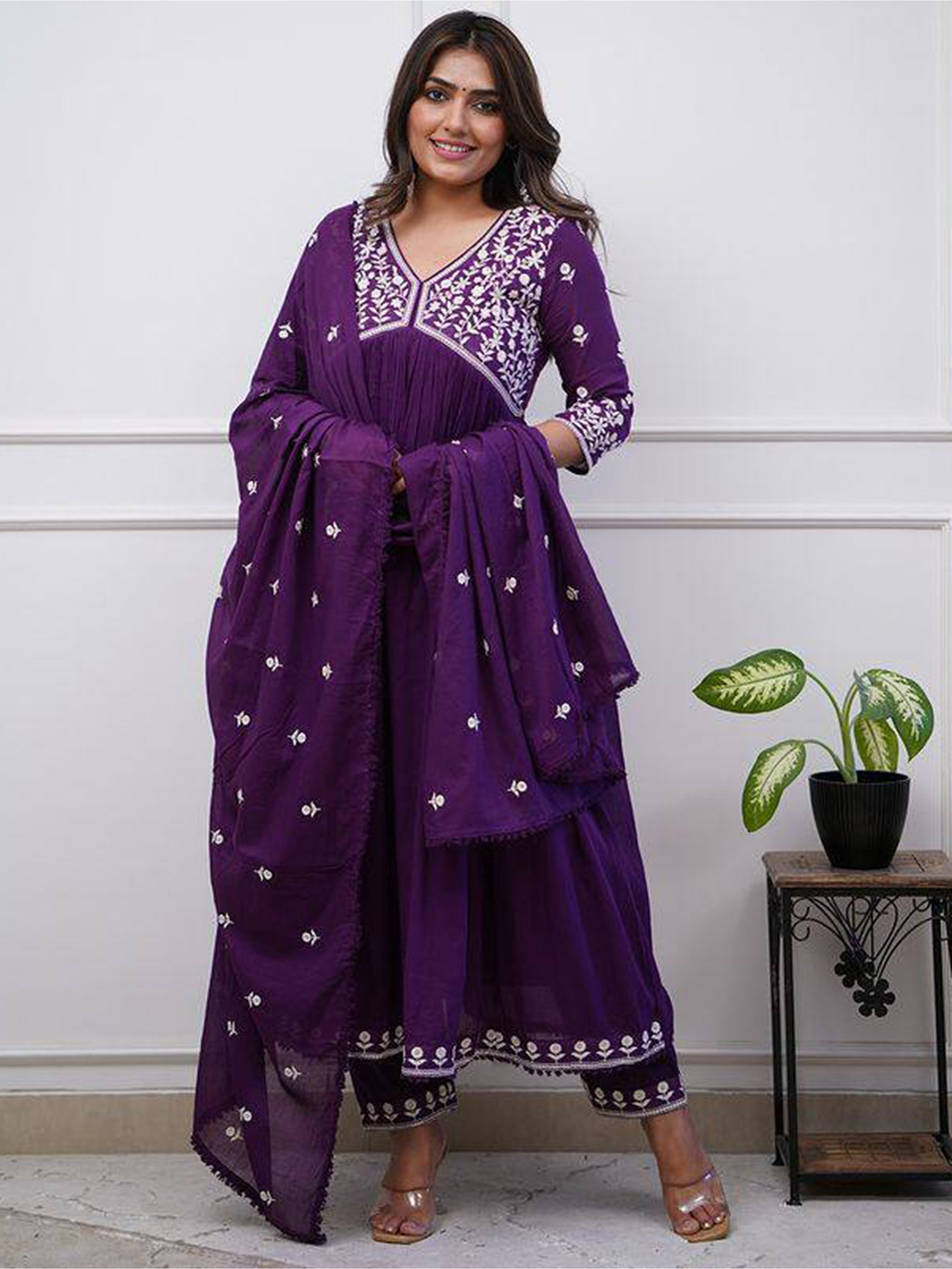 Purple embroidered silk festival wear pant suit with dupatta for women
