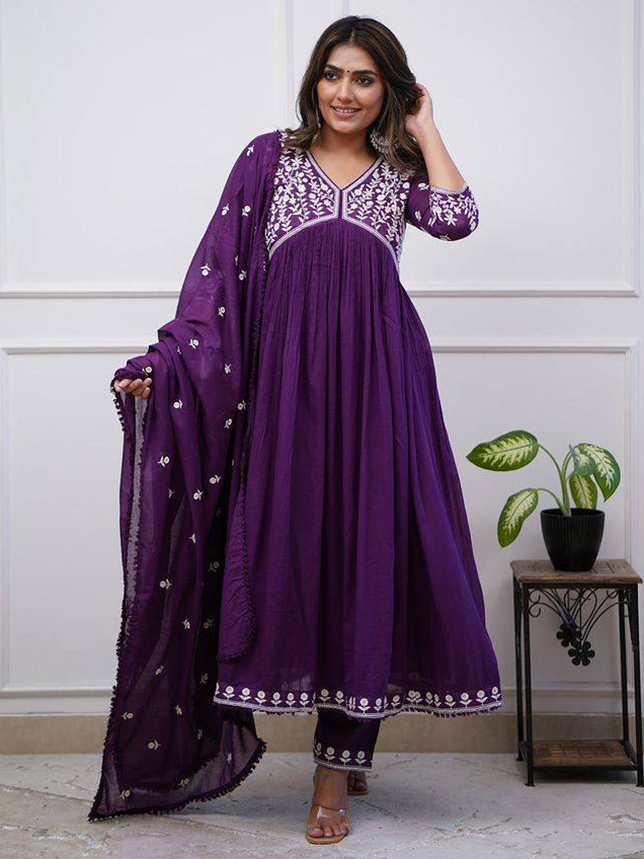 Fabulous Purple Embroidered Silk Festival Wear Pant Suit With Dupatta for women