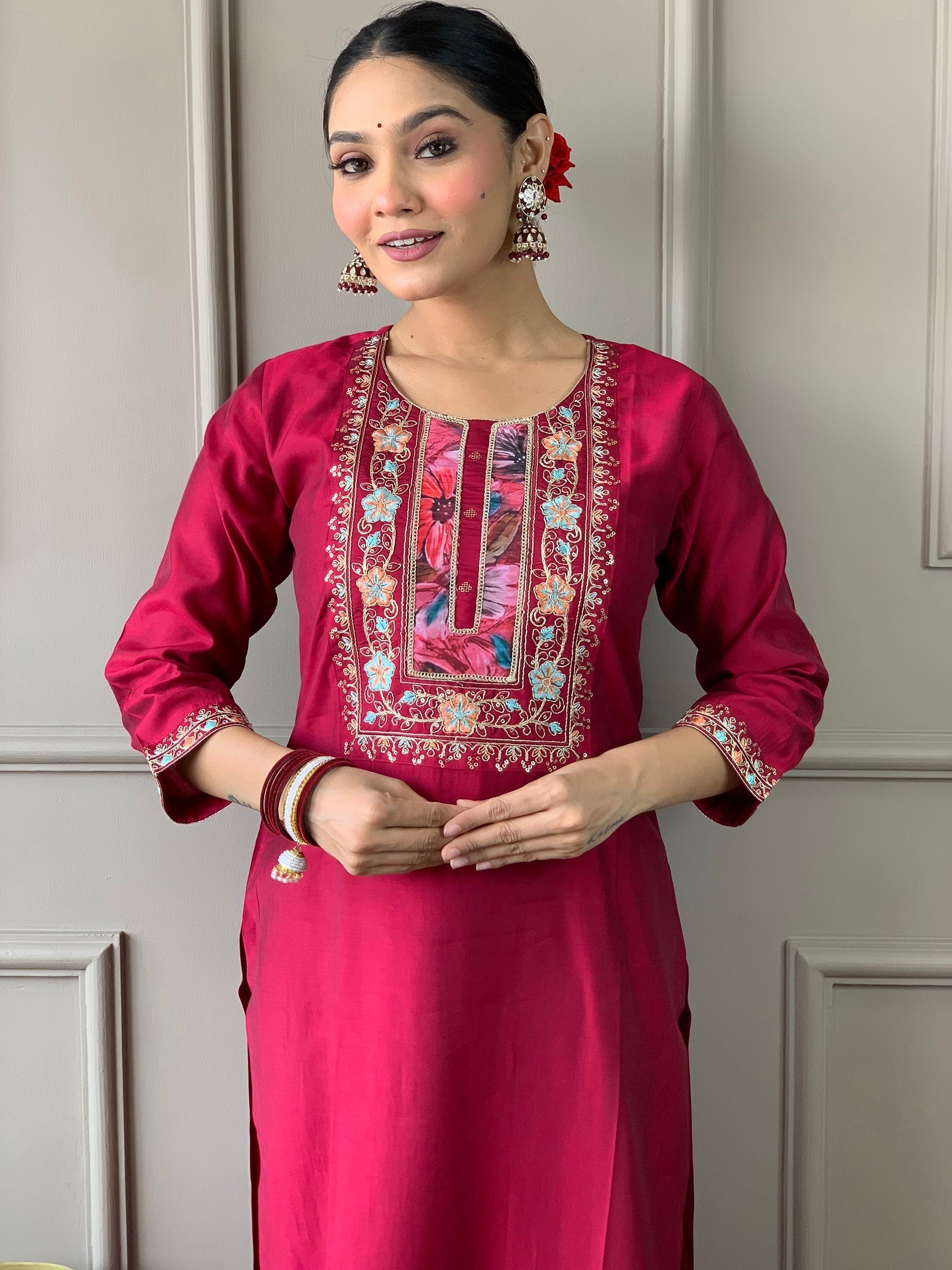 Beautiful Rani Pink Embroidered Chanderi Silk Event Wear Pant Suit with intricate floral designs and elegant detailing