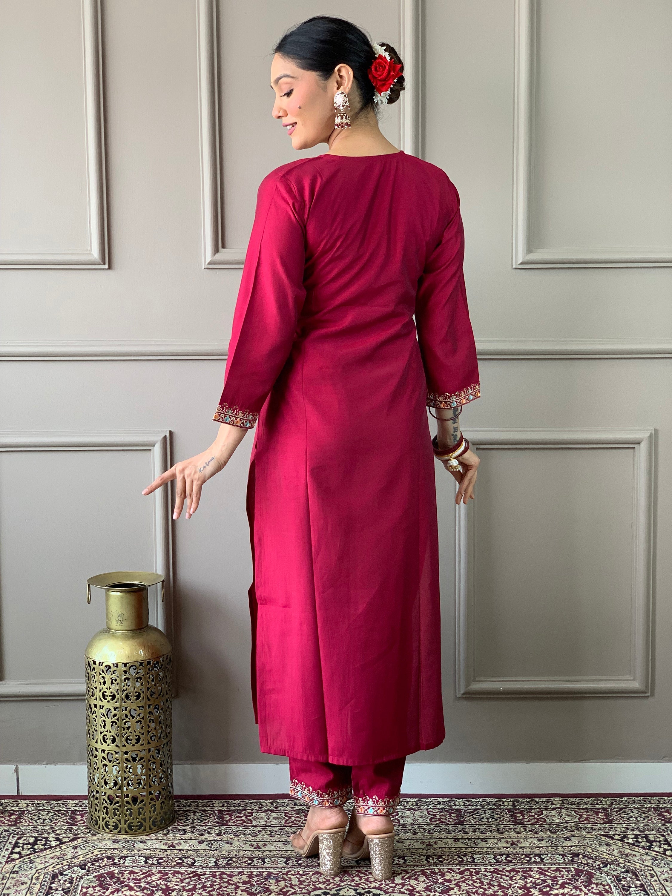 Beautiful Rani Pink Embroidered Chanderi Silk Event Wear Pant Suit for Women