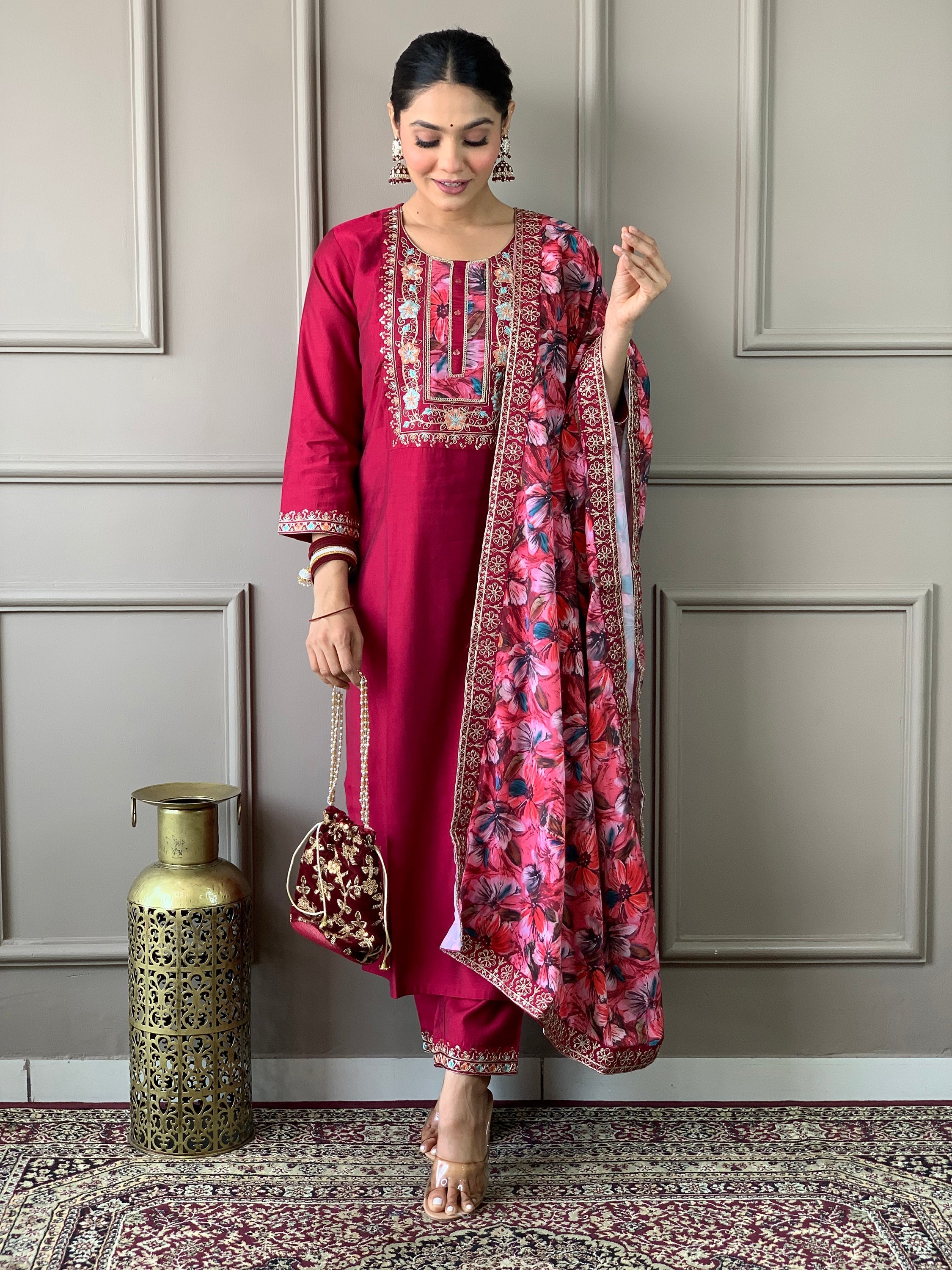Beautiful Rani Pink Embroidered Chanderi Silk Event Wear Pant Suit with Intricate Floral Patterns and Elegant Design