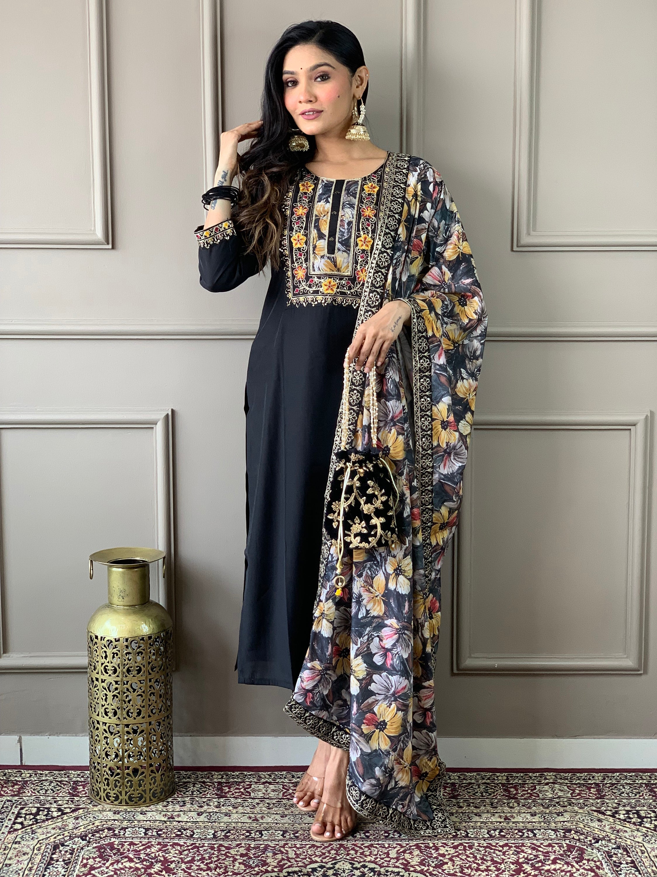 Captivating Black Embroidered Chanderi Silk Traditional Pant Suit with graceful floral prints and delicate embroidered work