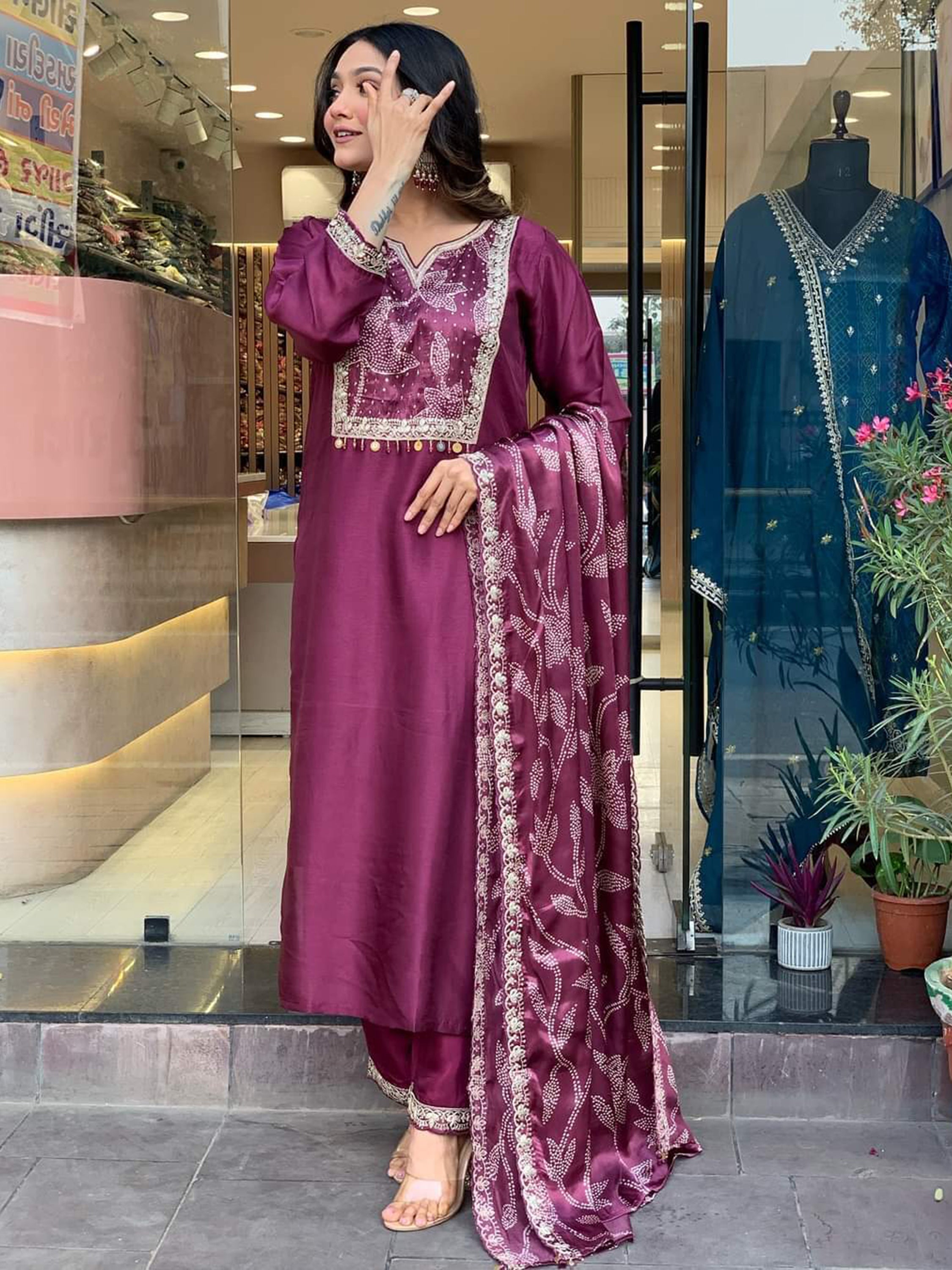 Bewitching Wine Embroidered Chanderi Silk Festival Wear Pant Suit with intricate floral designs and elegant detailing