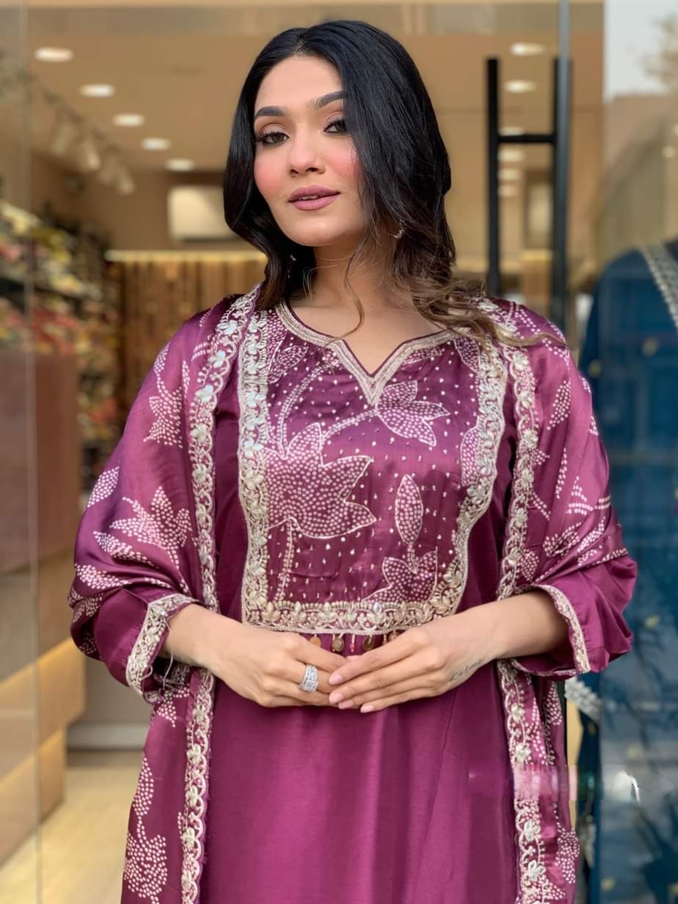 Bewitching Wine Embroidered Chanderi Silk Festival Wear Pant Suit for women