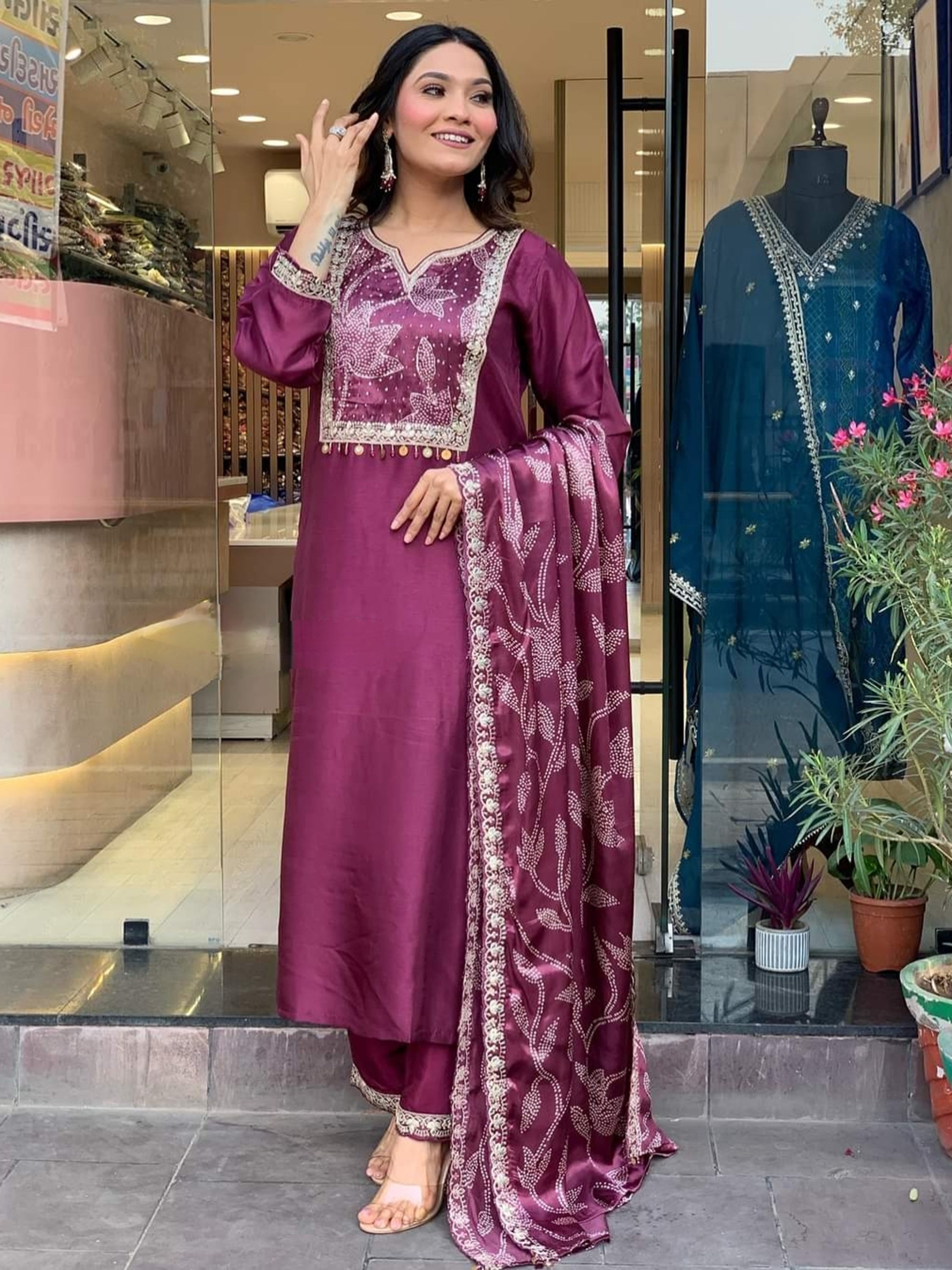 Bewitching Wine Embroidered Chanderi Silk Festival Wear Pant Suit for Women