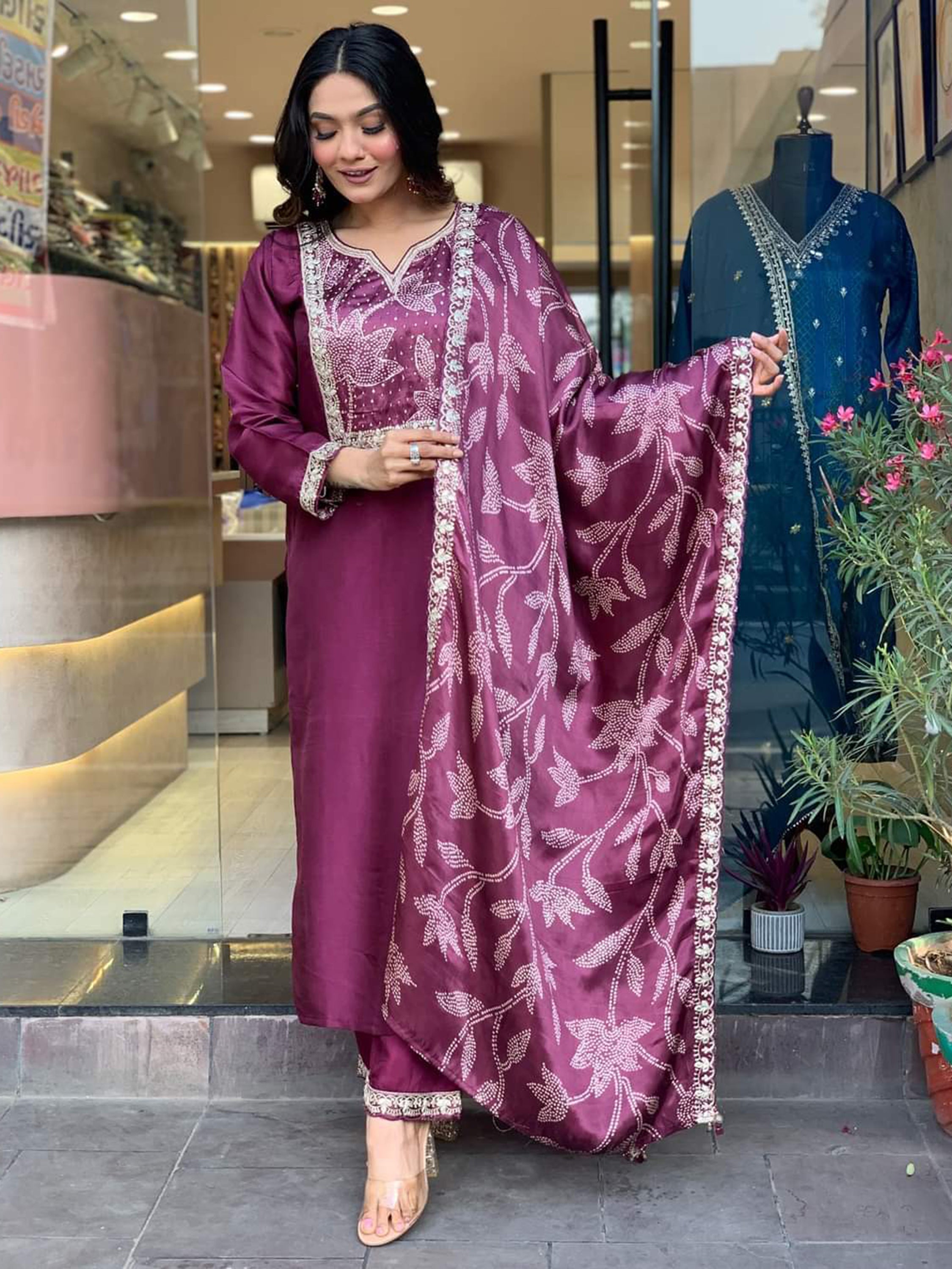 Bewitching Wine Embroidered Chanderi Silk Festival Wear Pant Suit with Intricate Details and Elegant Design