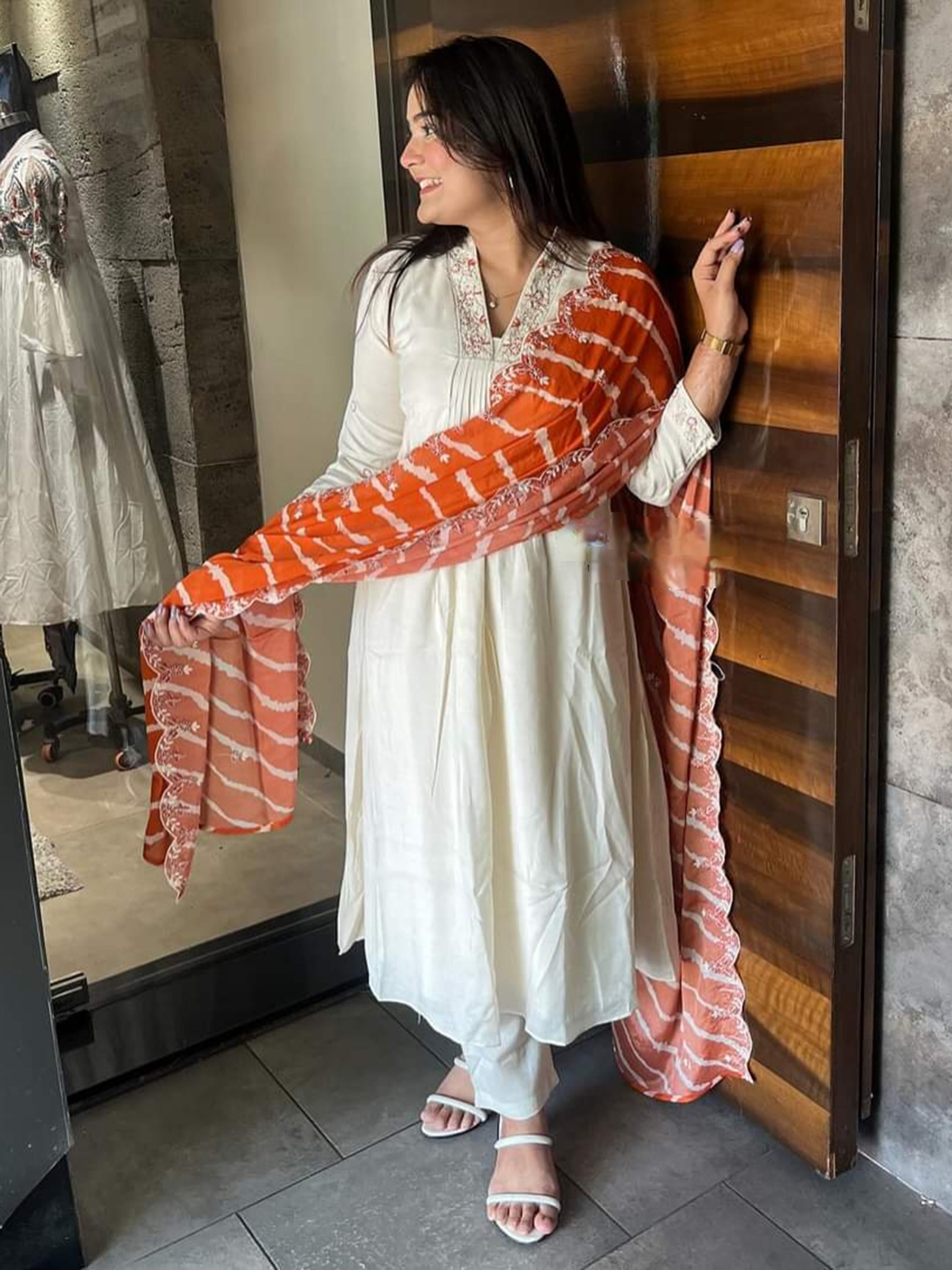 Beautiful cream embroidered Chanderi silk pant suit with dupatta for events
