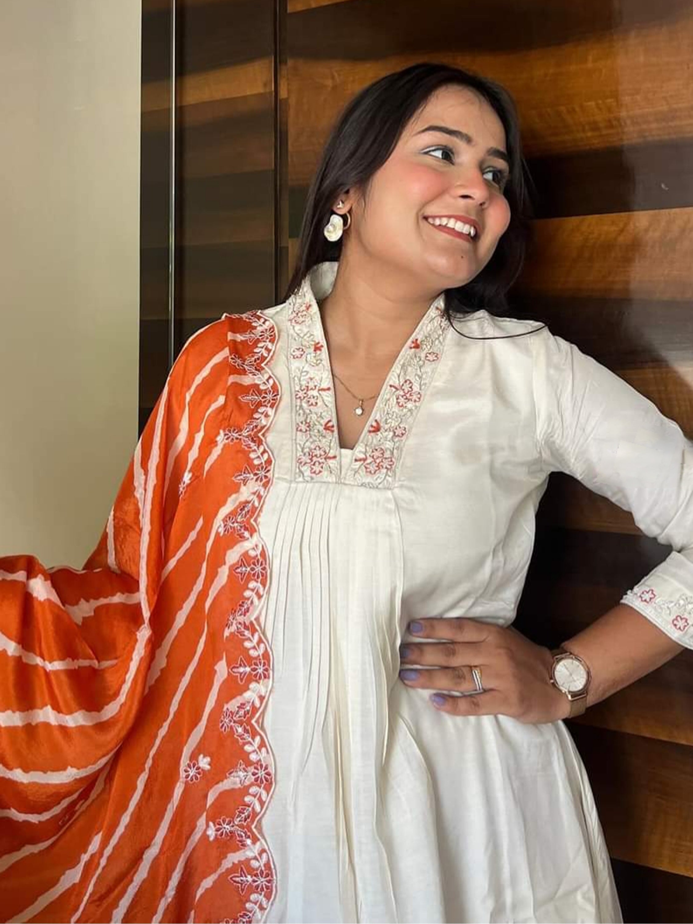 Beautiful Cream Embroidered Chanderi Silk Pant Suit With Dupatta for Events