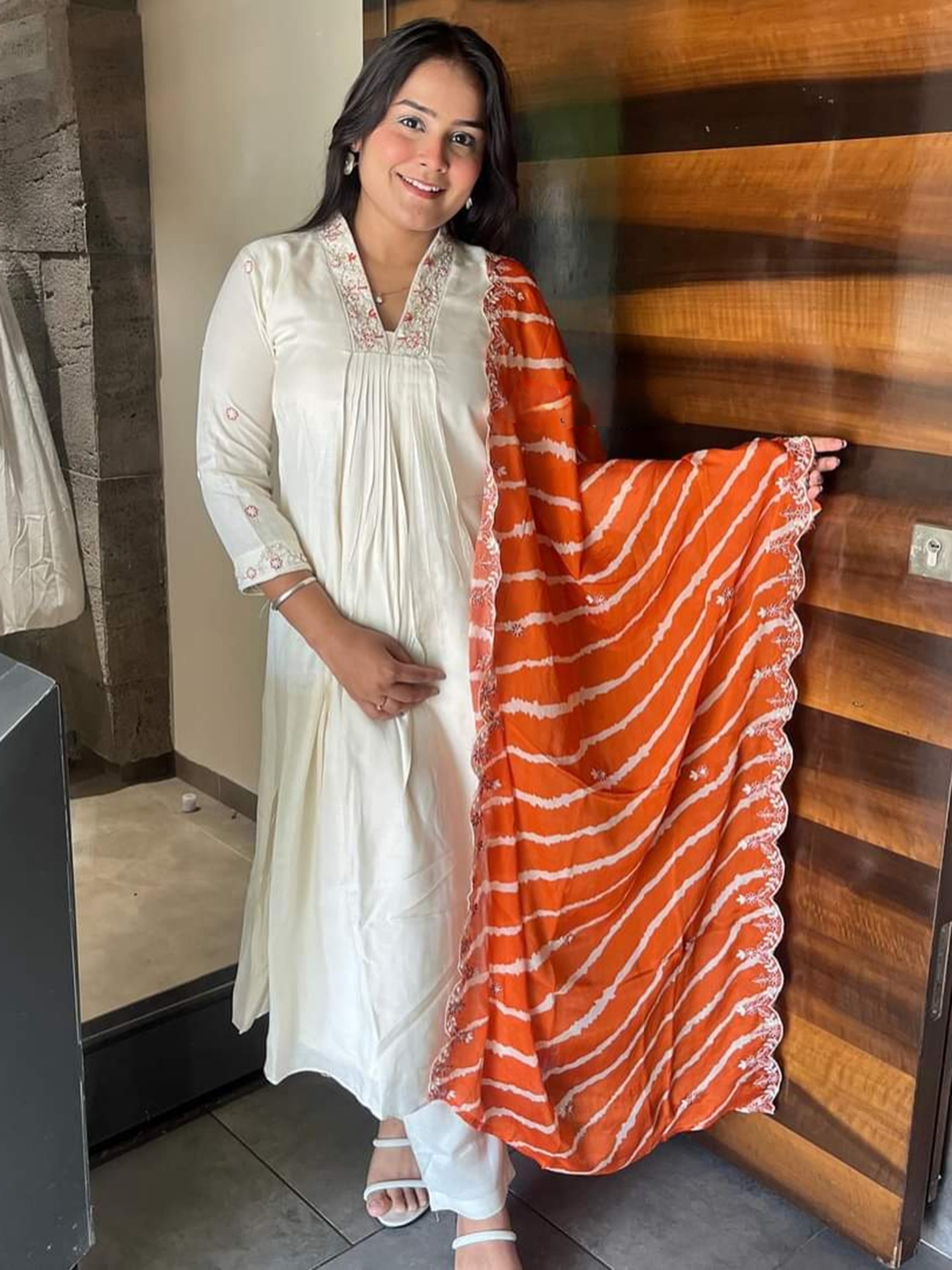 Precious Cream Embroidered Chanderi Silk Pant Suit with Dupatta for Events