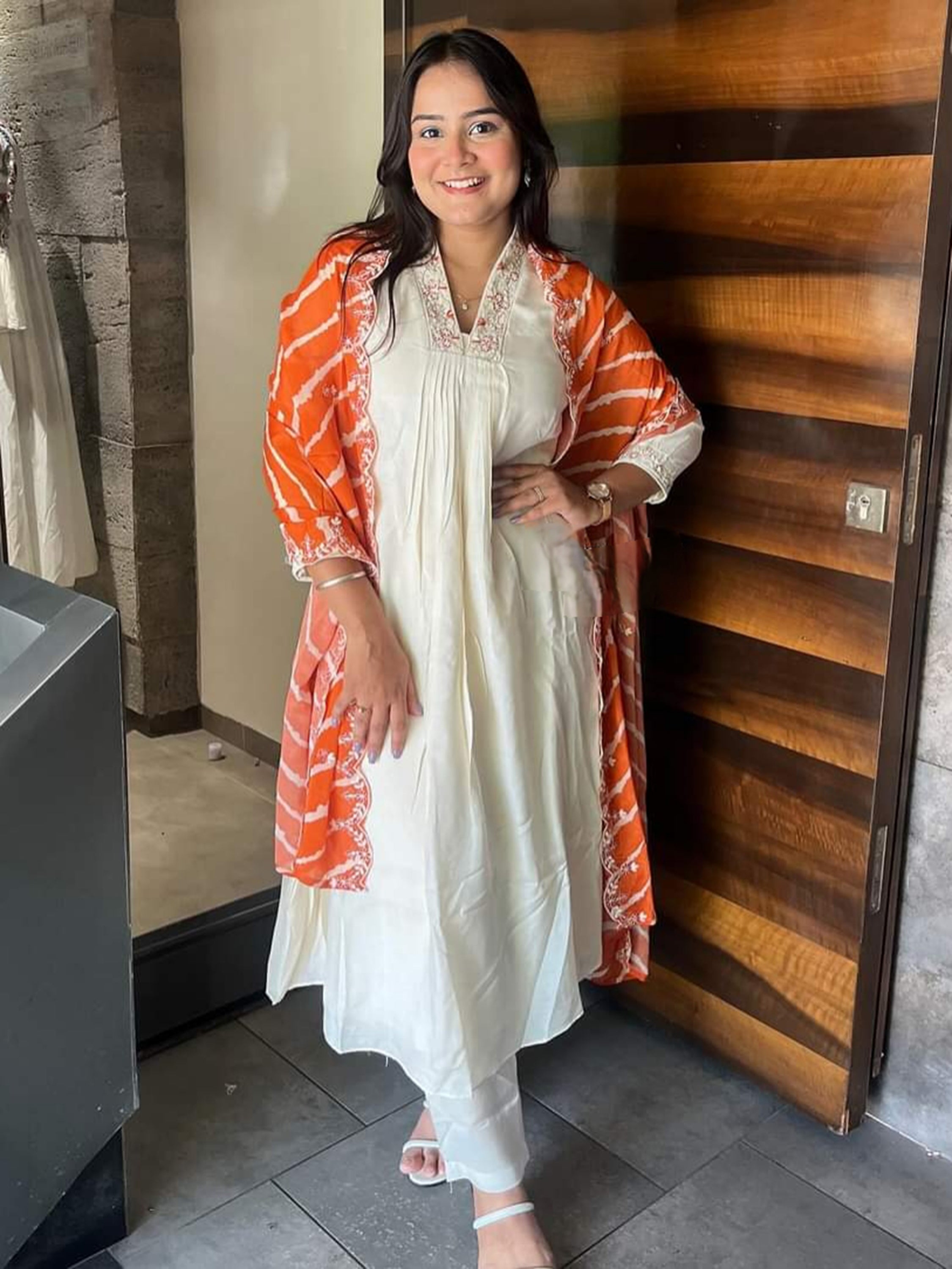 Beautiful Cream Embroidered Chanderi Silk Pant Suit with Dupatta for Events