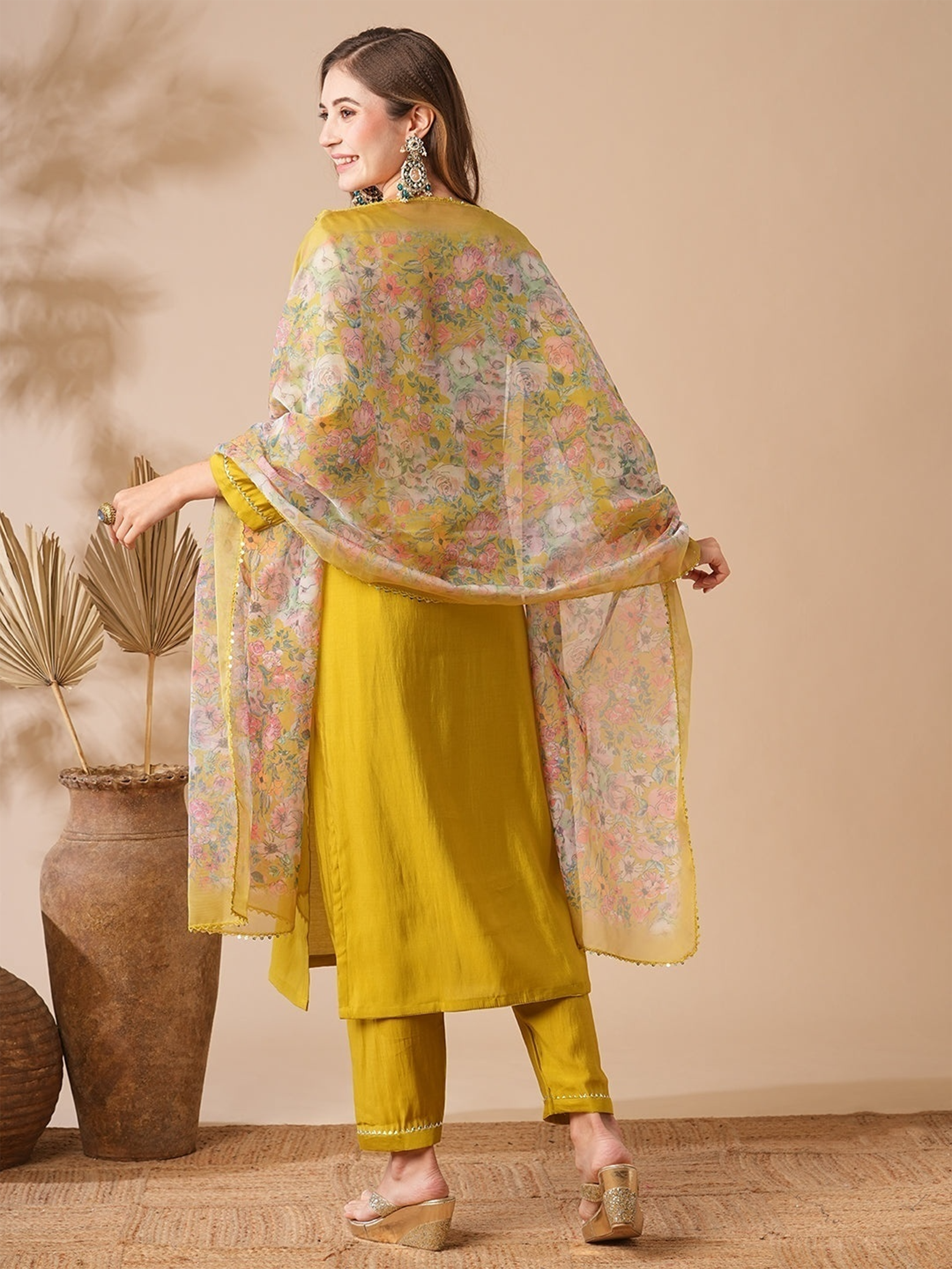 Marvelous Mustard Yellow Embroidery Silk Haldi Wear Pant Suit for women