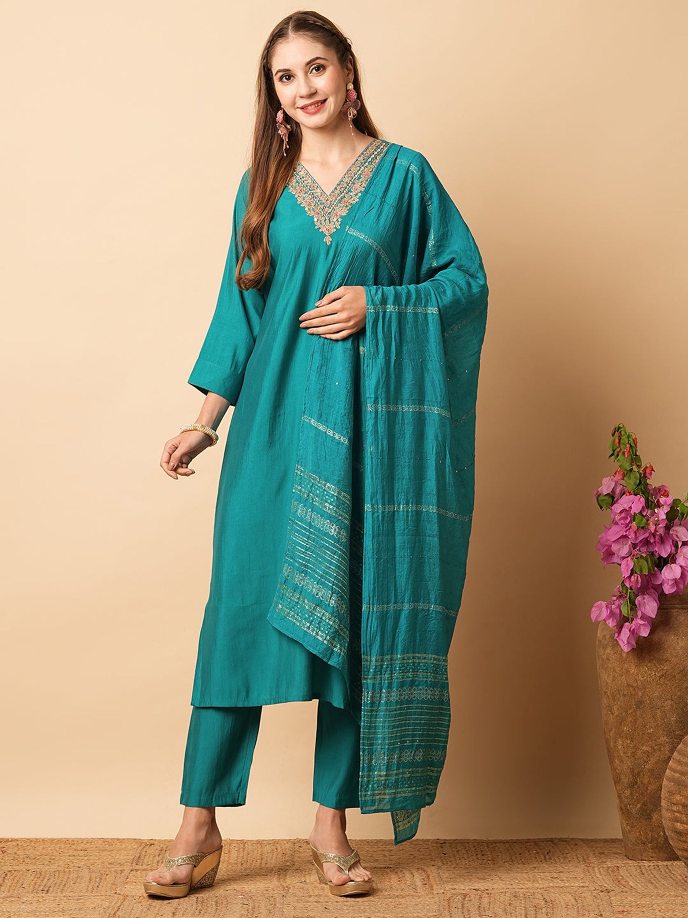 Adorable Teal Blue Embroidered Chanderi Silk Festival Wear Pant Suit with matching pants and chinon dupatta