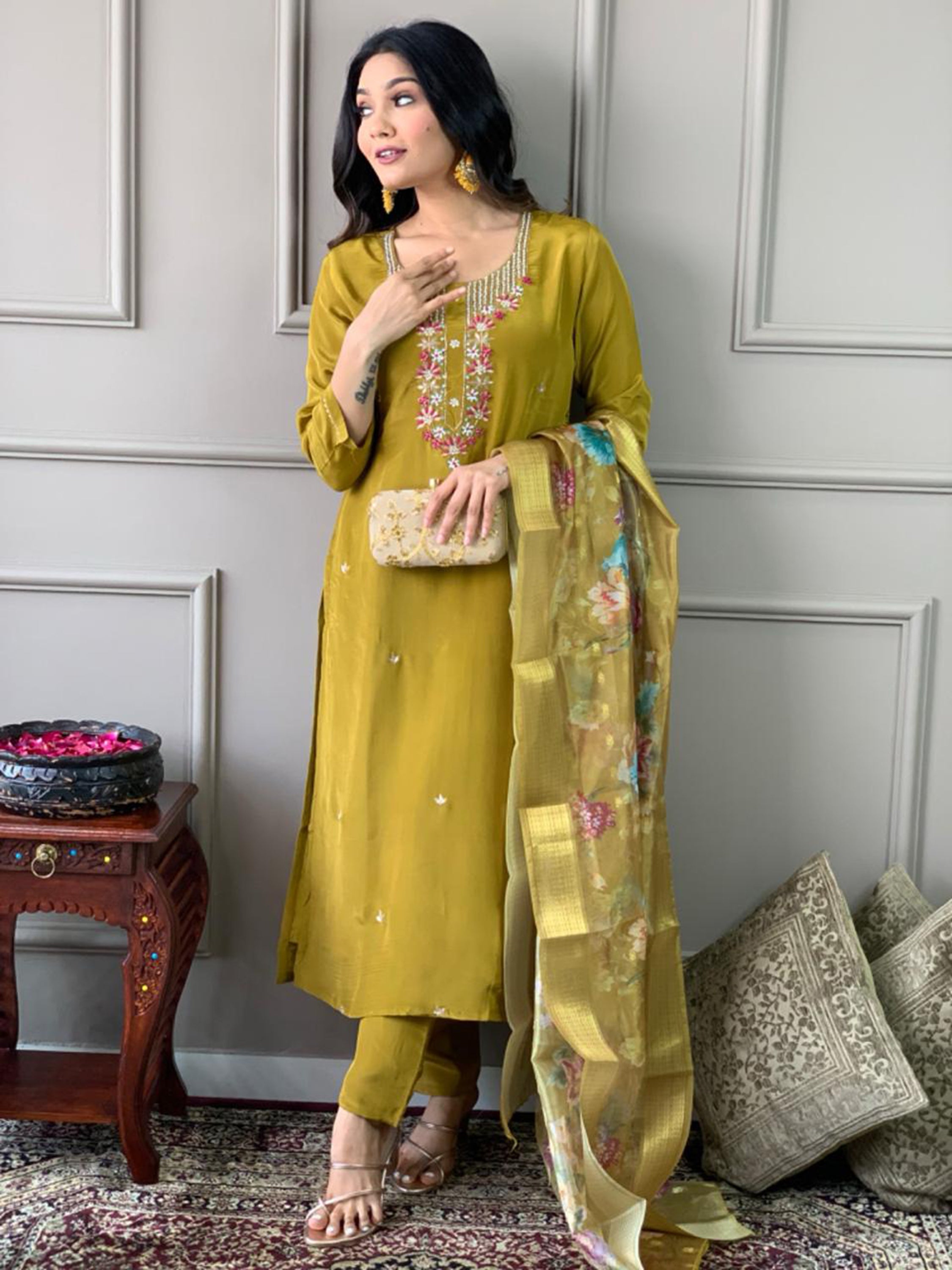 Mustard yellow chanderi silk suit with intricate embroidery