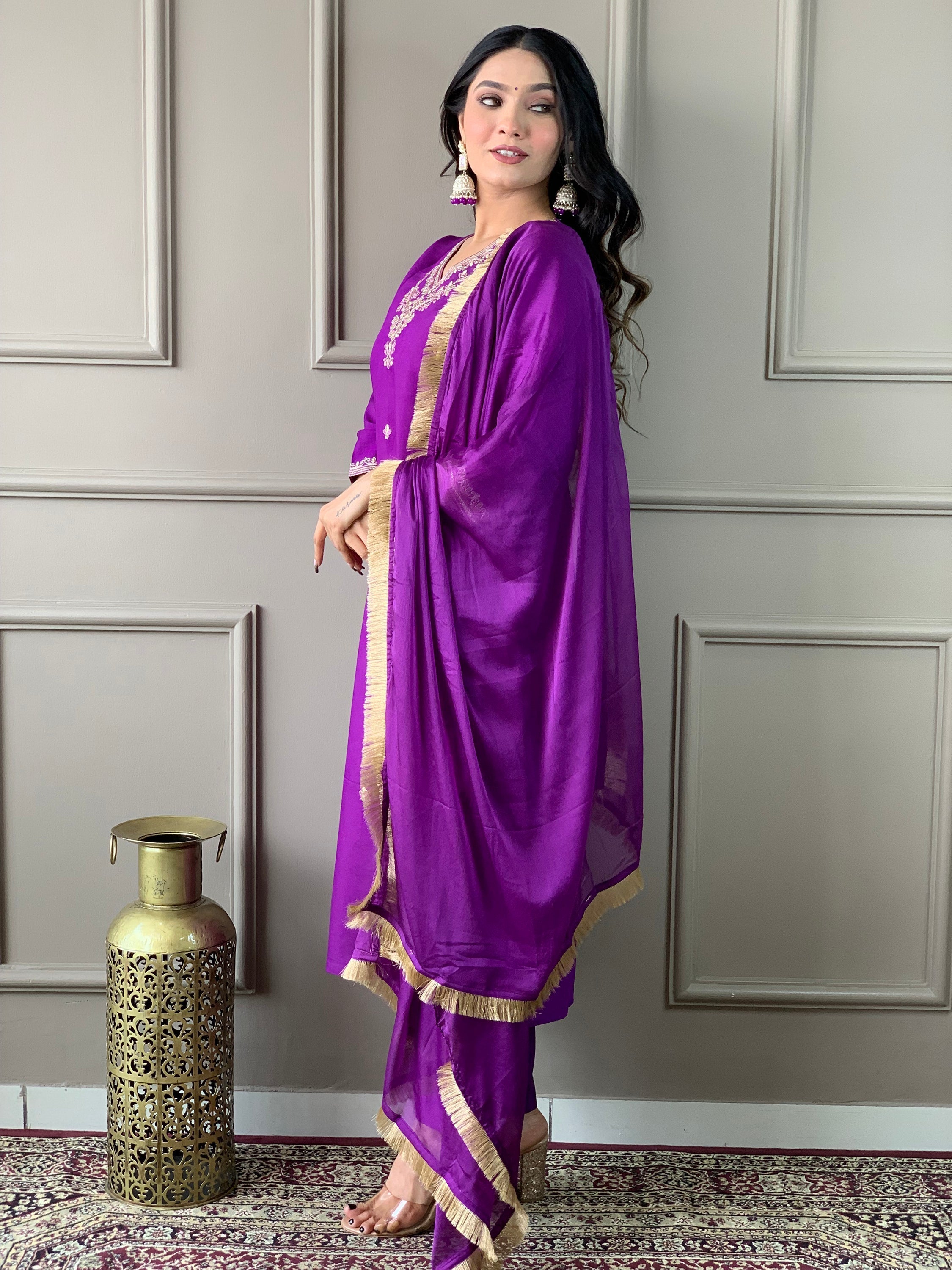 Precious Purple Embroidered Chanderi Silk Pant Suit With Dupatta for Women