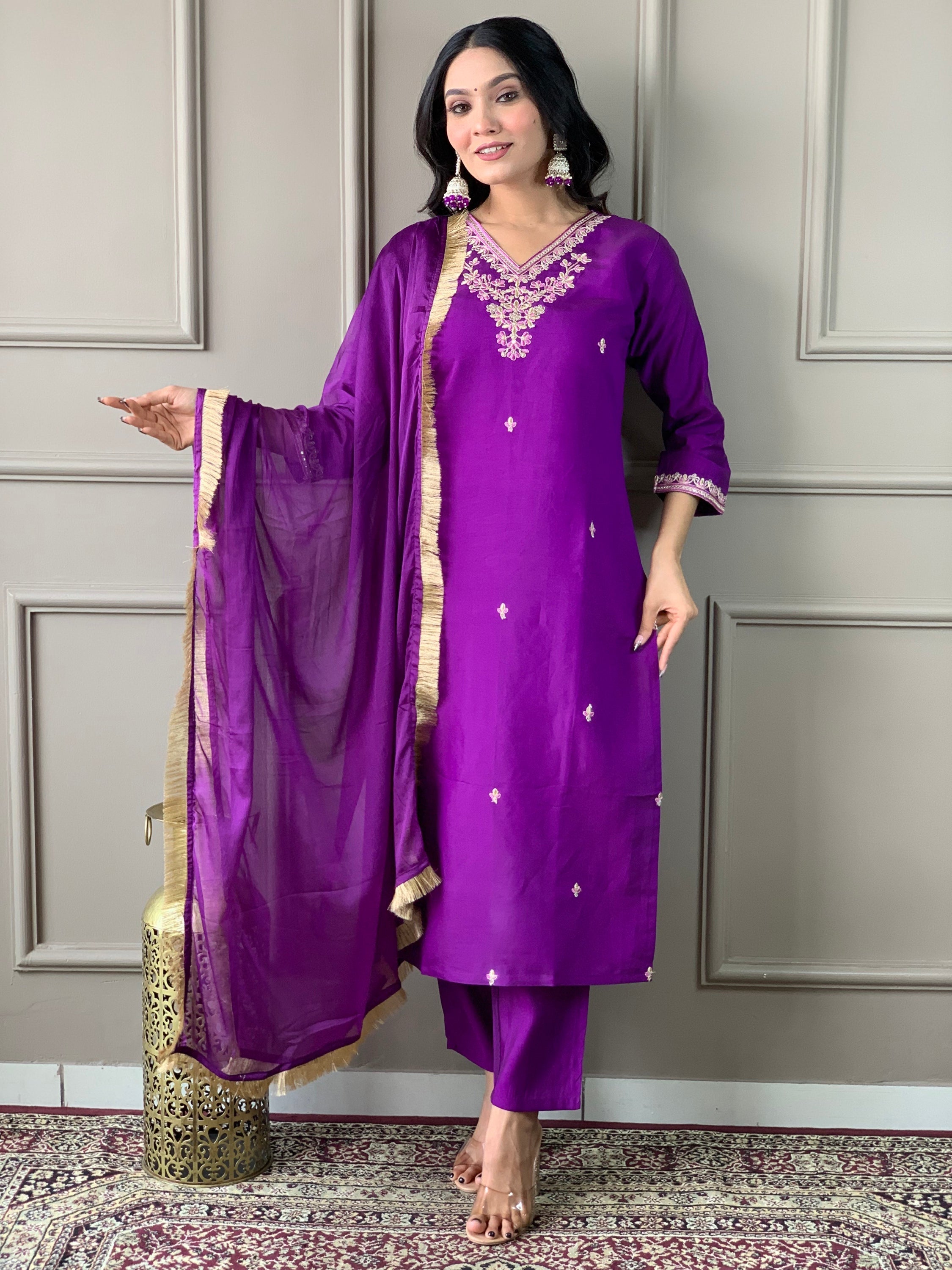 Stunning precious purple embroidered chanderi silk pant suit with dupatta