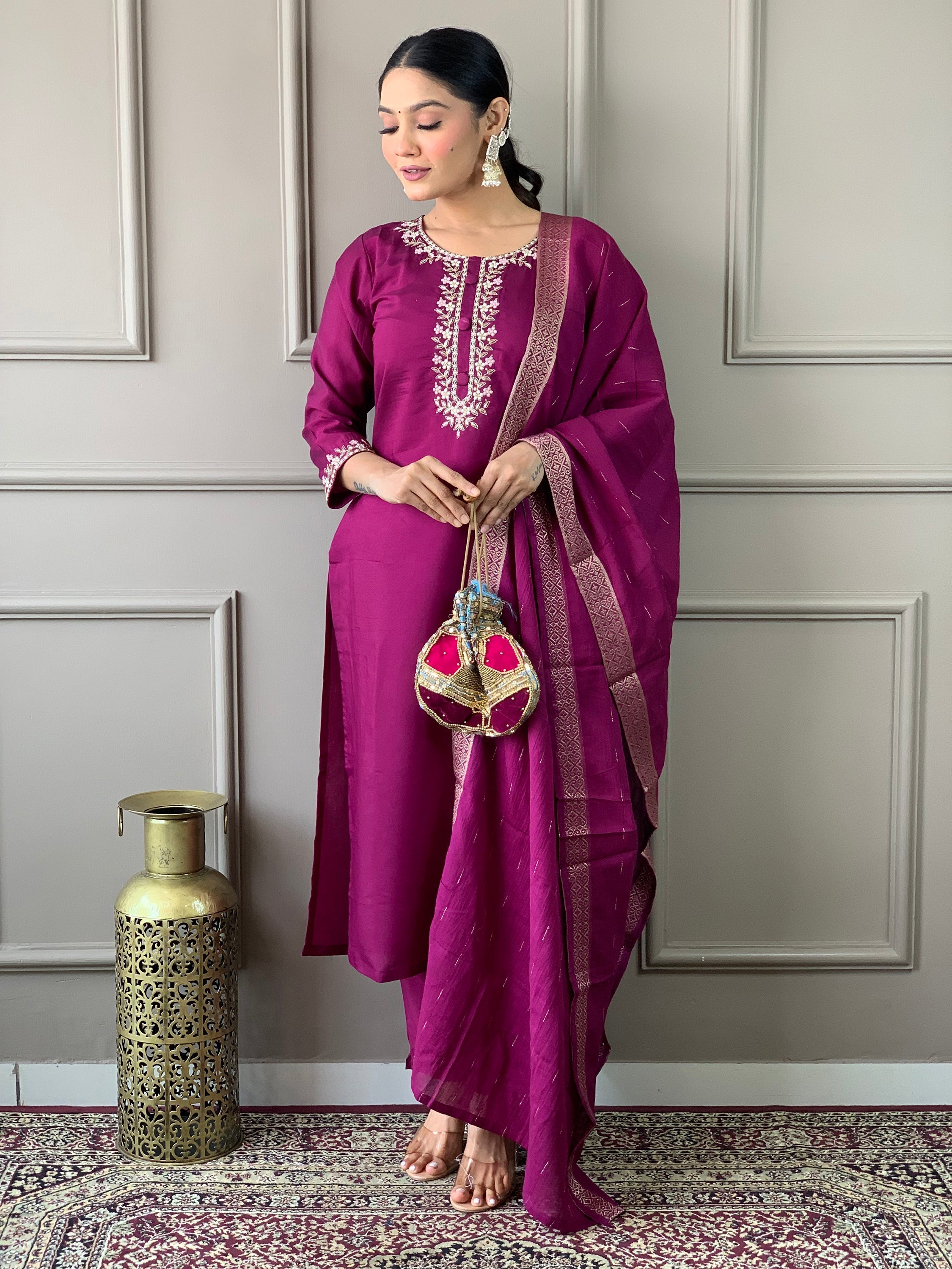 Stunning burgundy chanderi silk suit with exquisite embroidered work