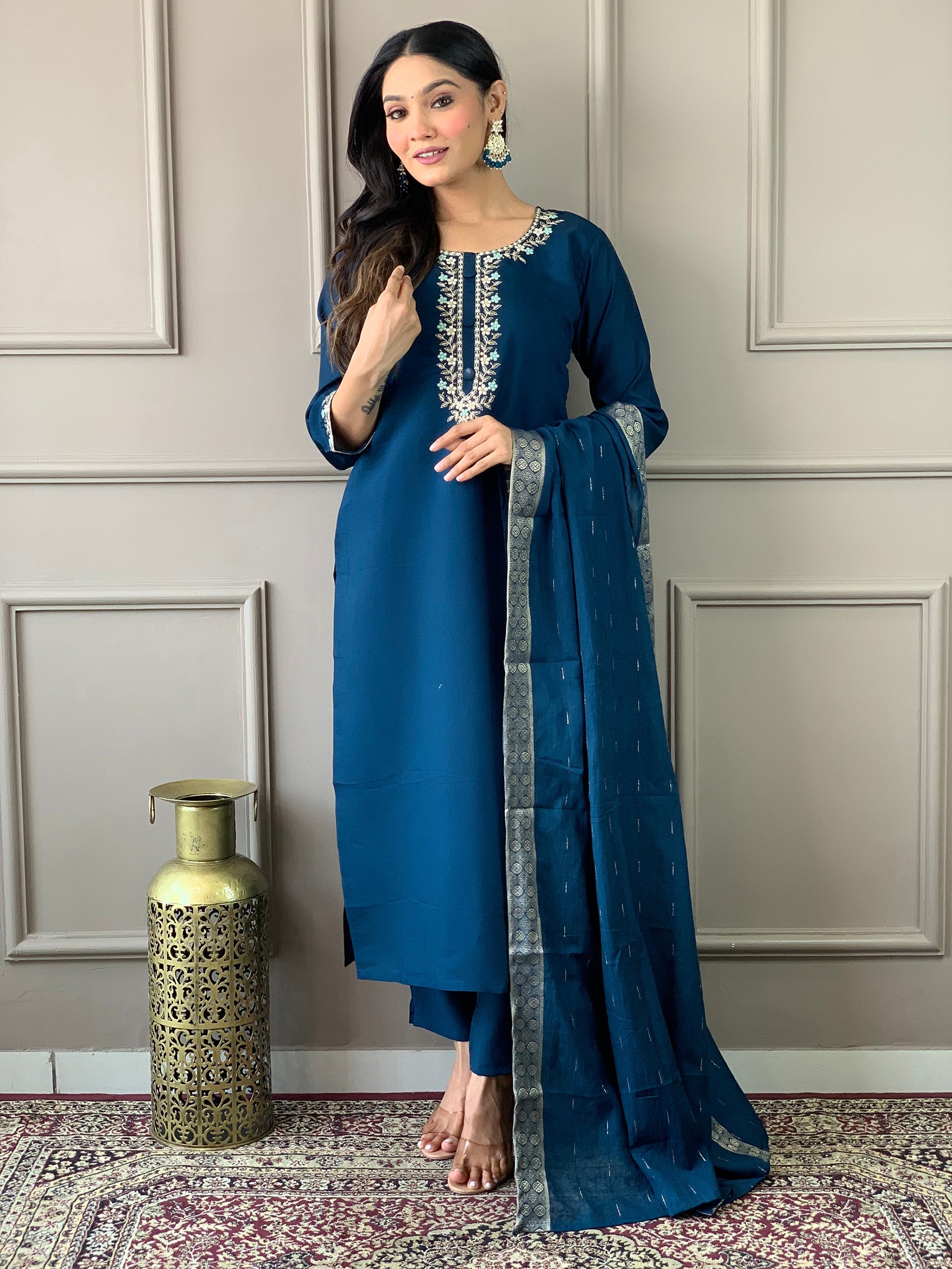 Captivating Blue Embroidered Chanderi Silk Festival Wear Pant Suit with intricate floral patterns and elegant design