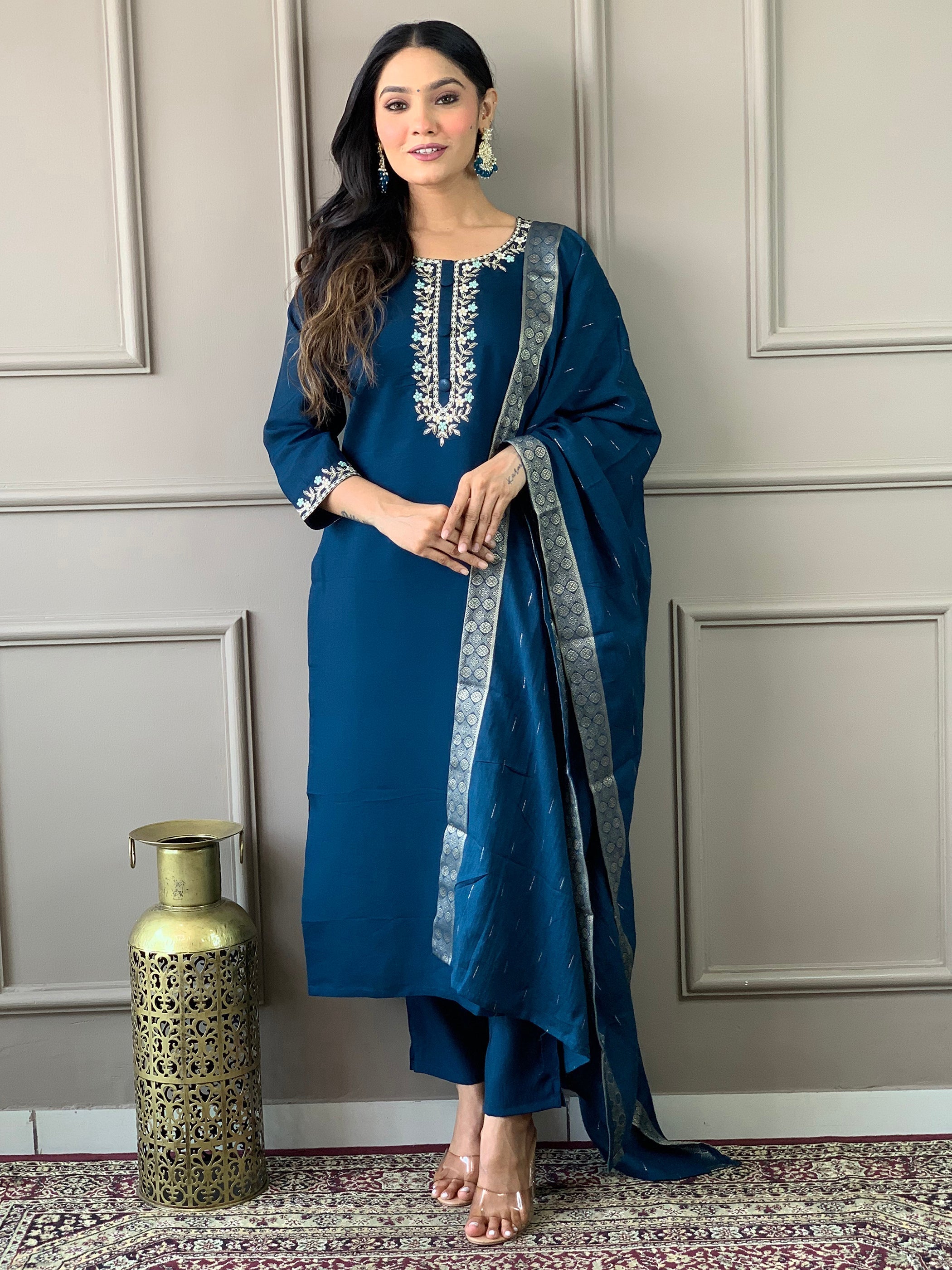 Captivating Blue Embroidered Chanderi Silk Festival Wear Pant Suit for women