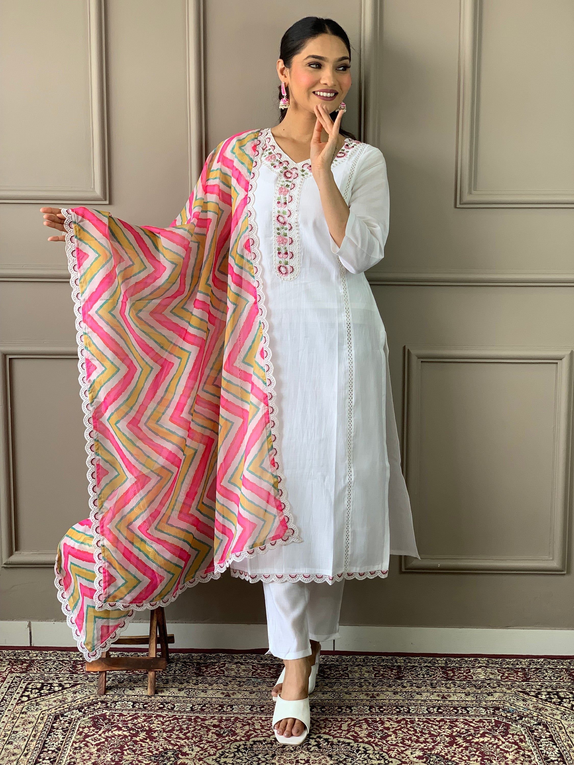White chanderi silk traditional suit pant with intricate embroidery and attractive design