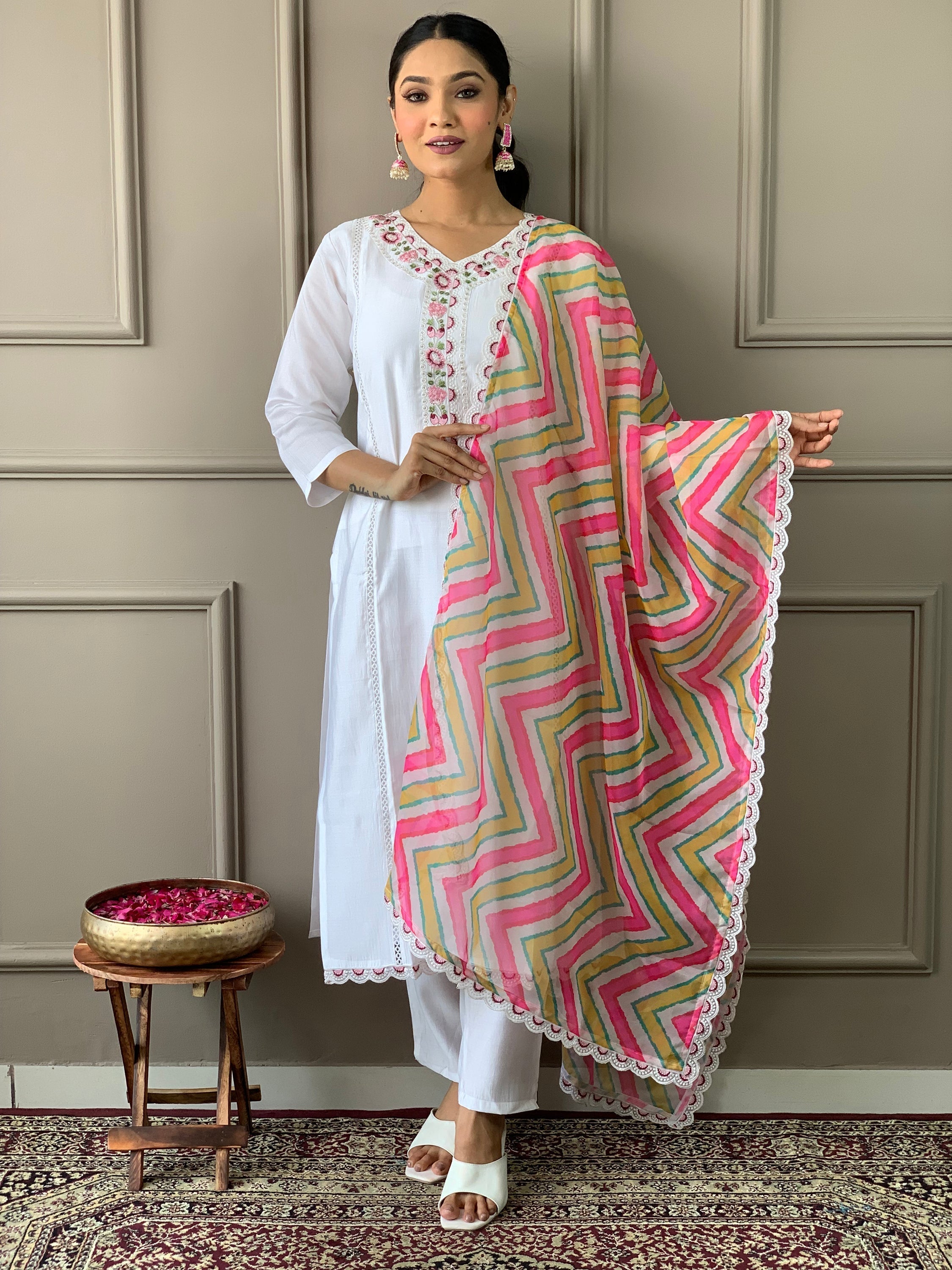 Stunning white Chanderi silk traditional suit pant with intricate embroidery detail