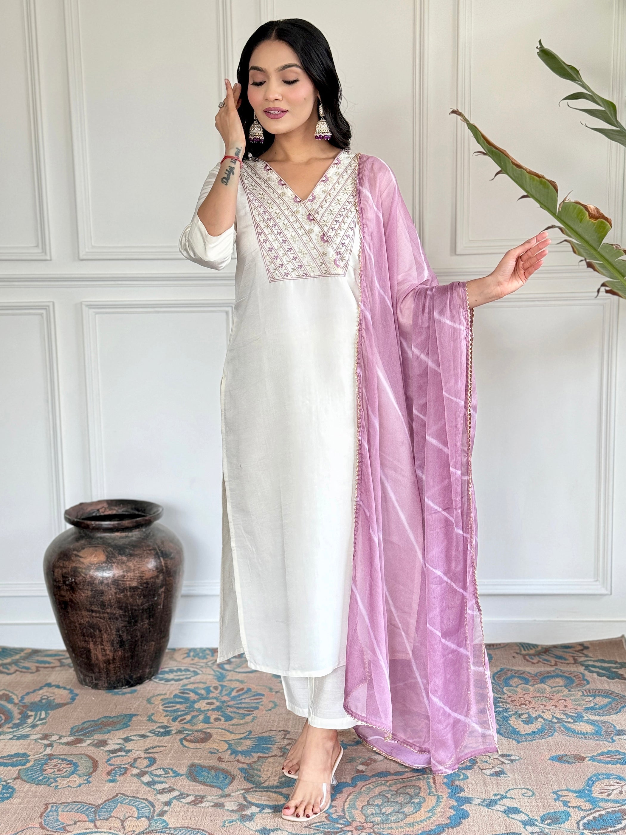 Glamorous White Embroidered Chanderi Silk Festival Wear Pant Suit for Women