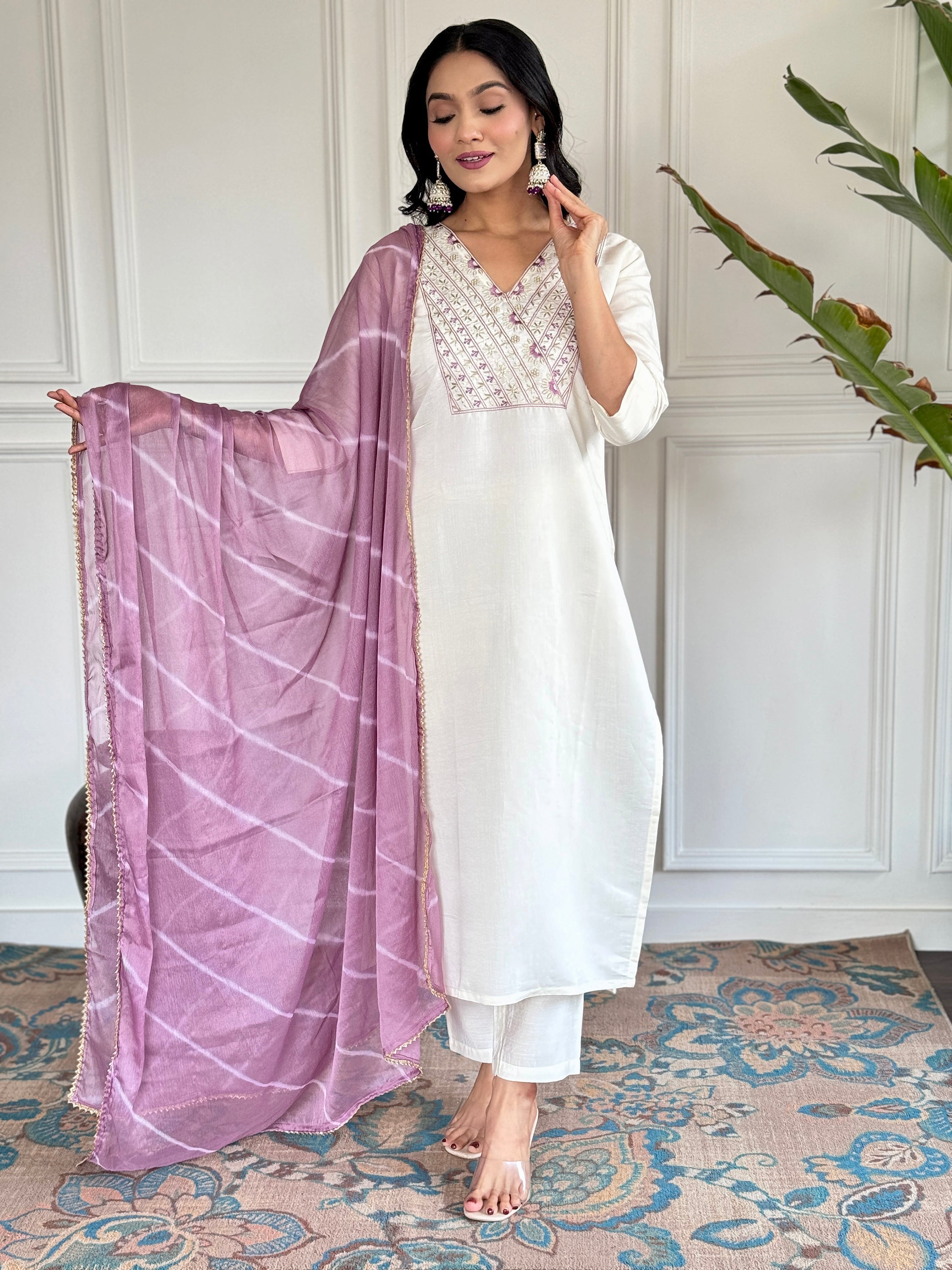 Beautiful white embroidered Chanderi silk pant suit perfect for festivals
