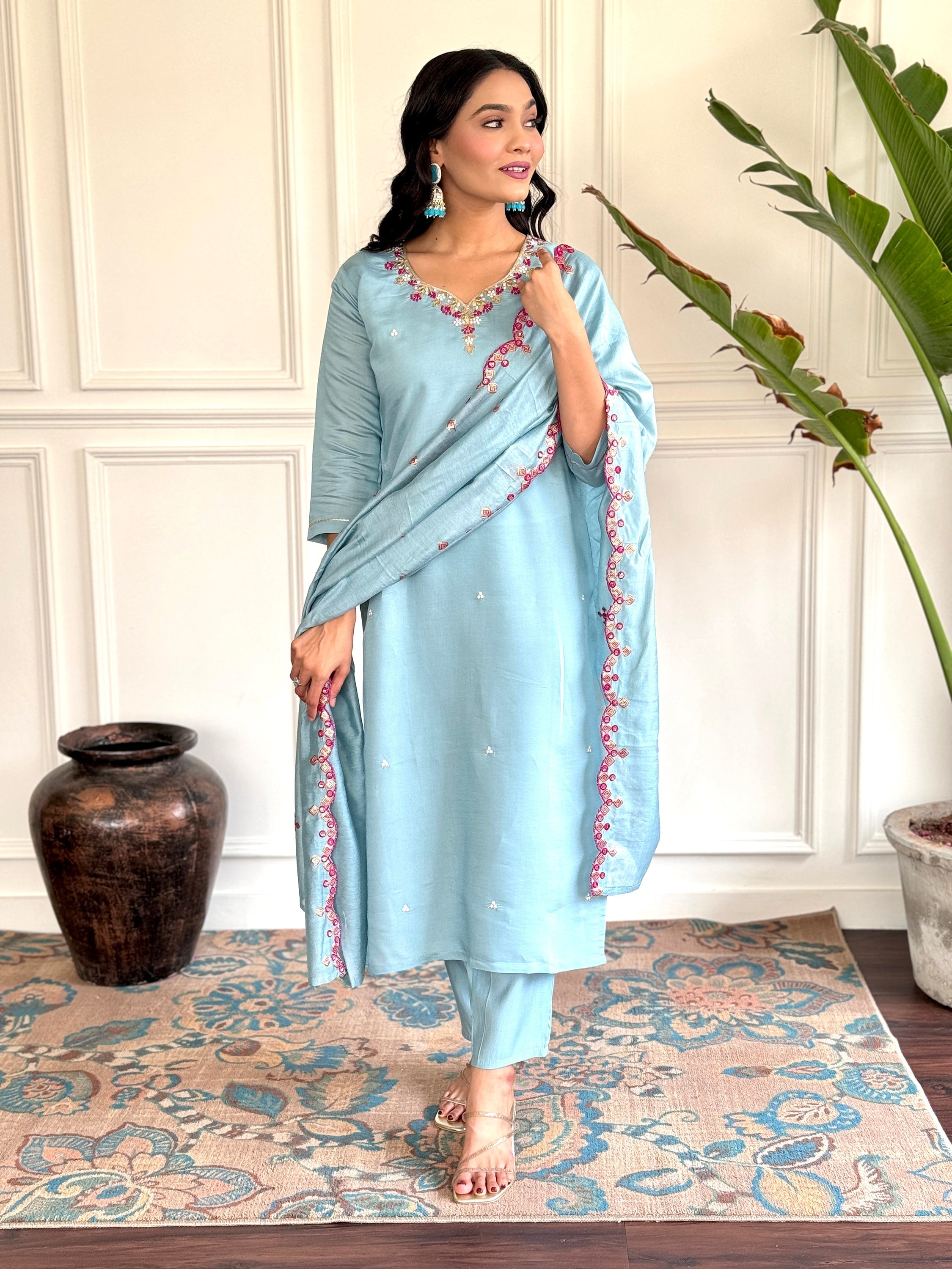 Stunning sky blue chanderi silk pant suit with intricate embroidery