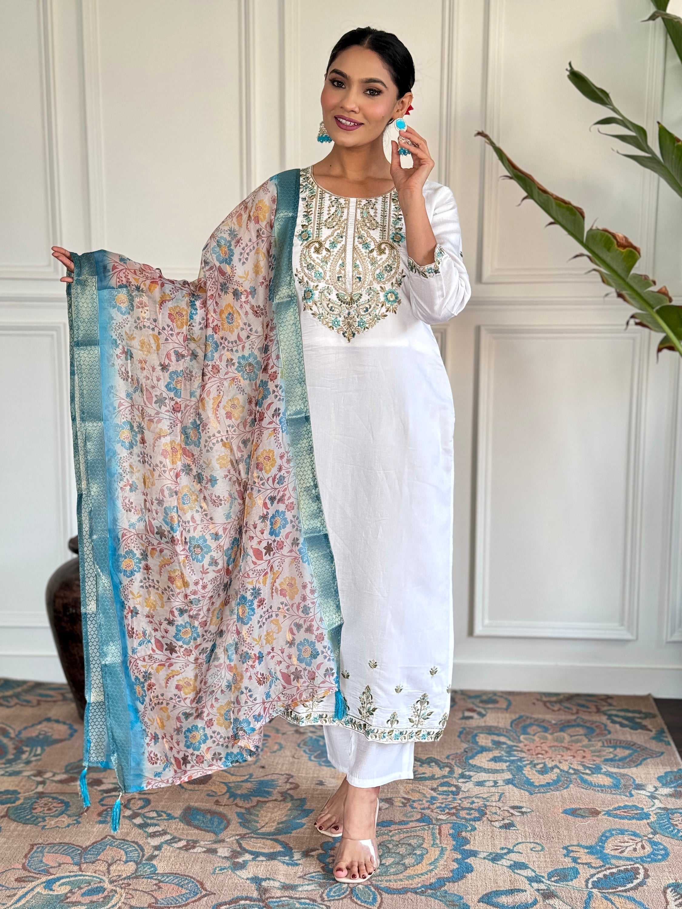 Beautiful white embroidered Chanderi silk pant suit for special events